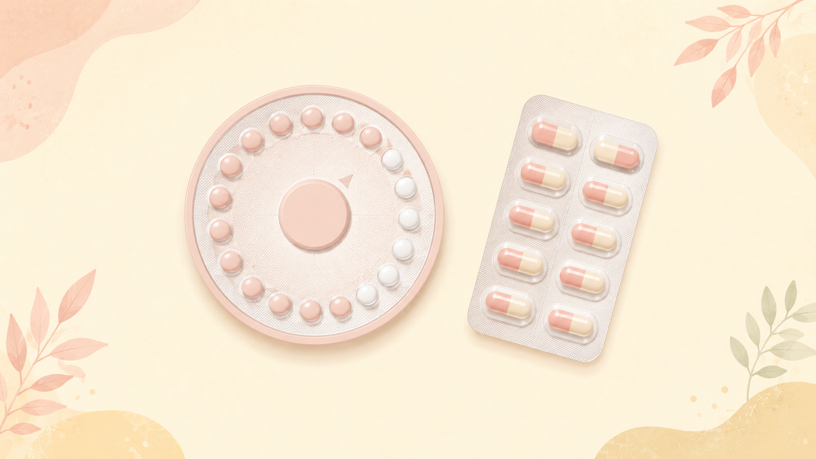 A flat-lay of a round birth-control pill pack beside a small blister strip of antibiotic capsules on a soft cream background.