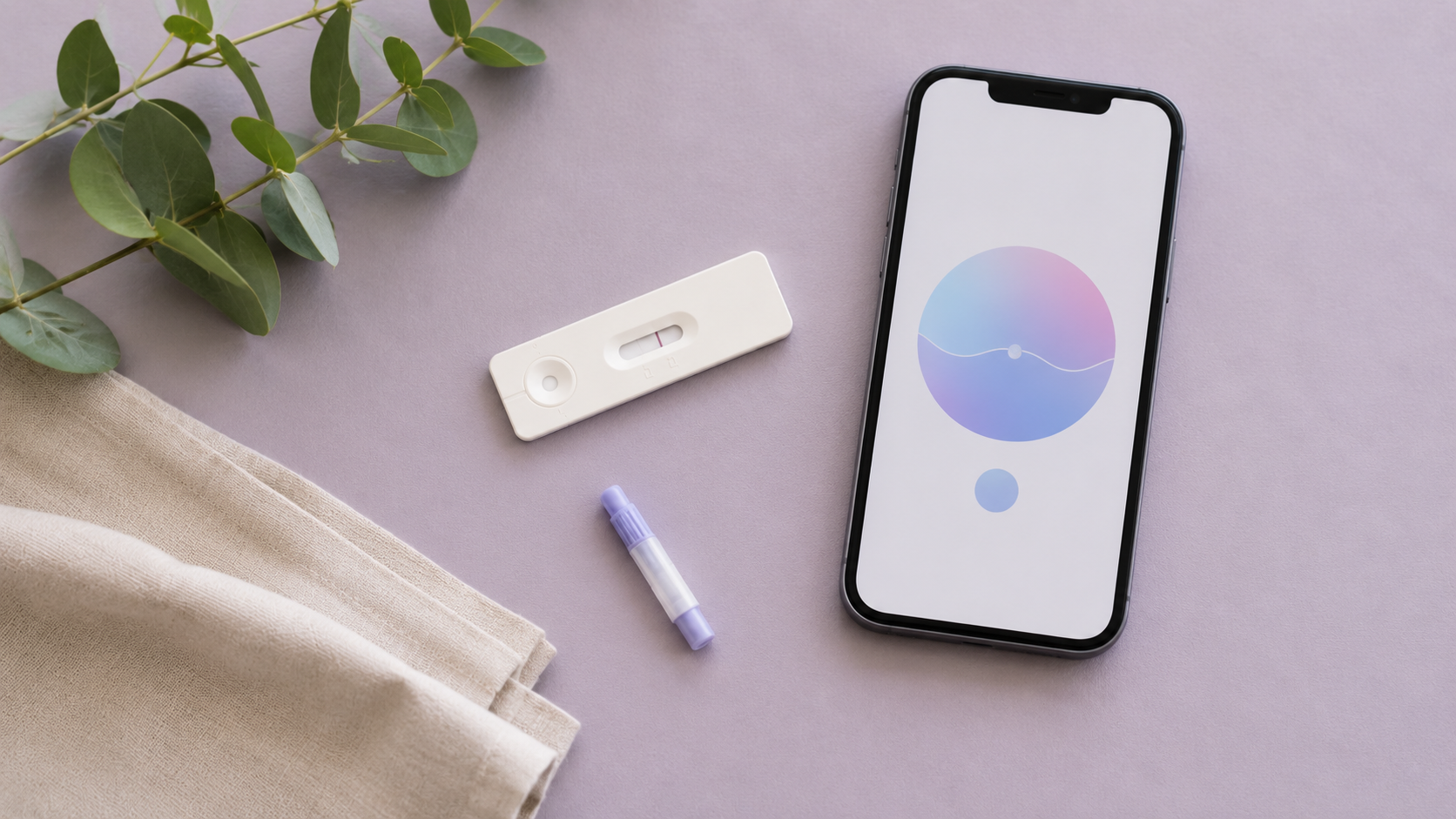 An at-home hormone test card and a phone showing a soft cycle ring on a light surface with gentle greenery, on a lavender background