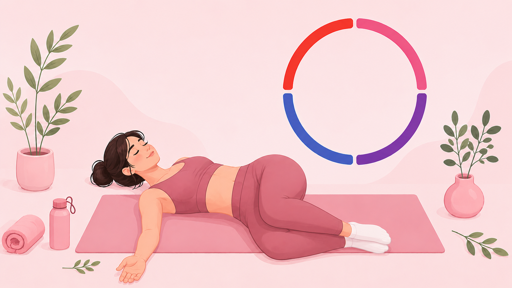 A woman in workout clothes doing a gentle supine twist stretch on a yoga mat, with a soft four-phase cycle ring and calm pastel accents on a warm rose background.