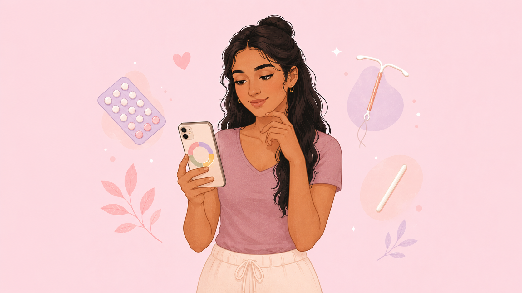 A calm young woman holding a smartphone showing a soft four-segment cycle ring, with gentle pastel icons of a pill blister pack, a T-shaped IUD, and an implant rod floating around her