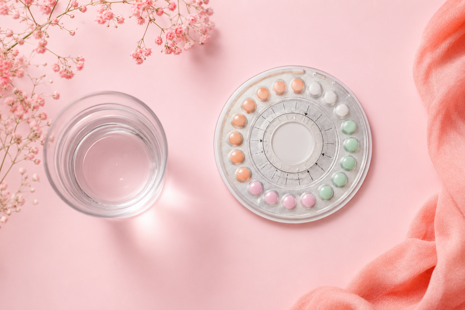 A round birth-control pill pack with pastel pills arranged in a circle on a soft pink background, next to a small glass of water.
