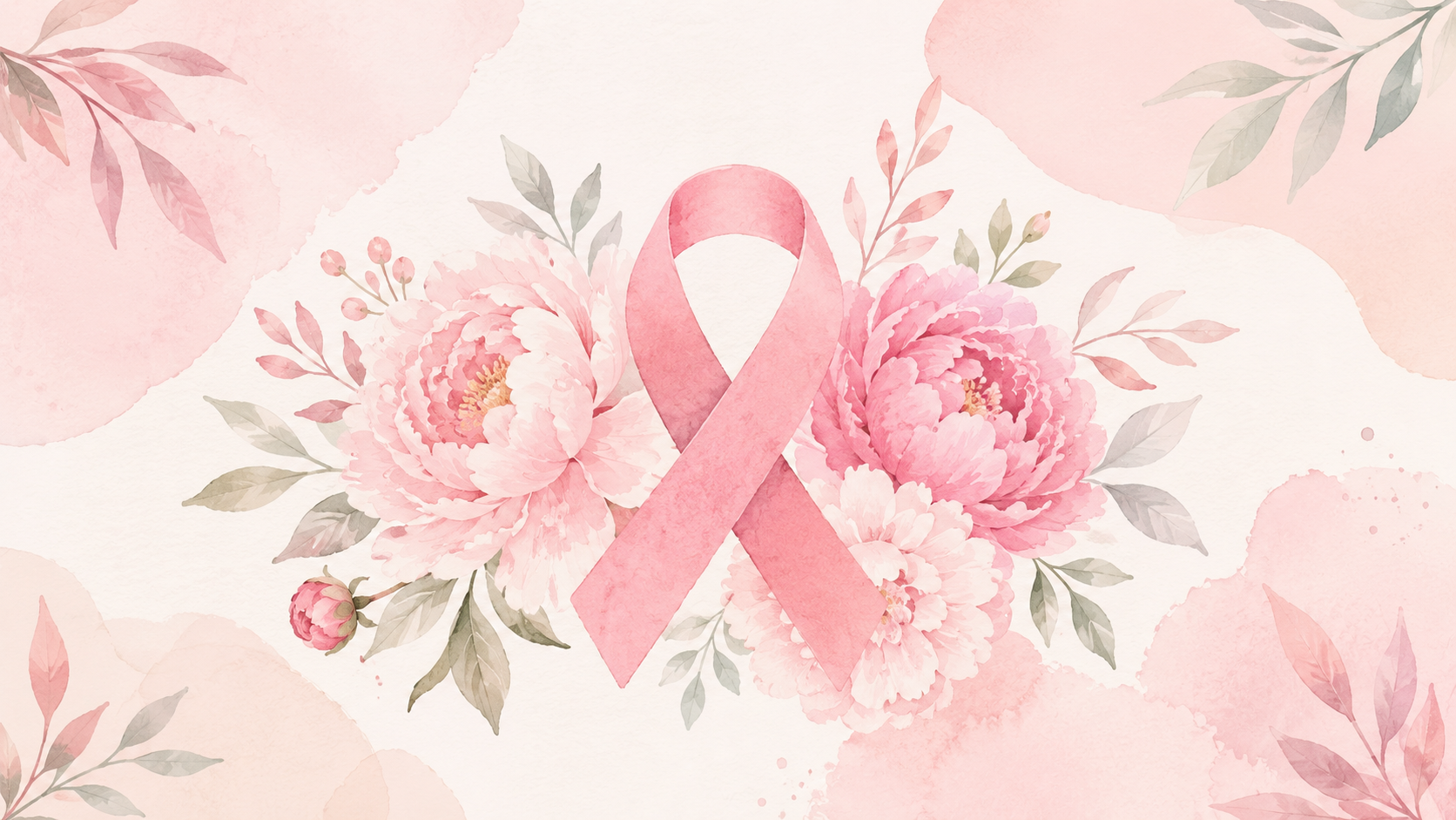 A watercolor illustration of a soft pink awareness ribbon surrounded by pastel peony flowers and botanical leaves on a cream background.