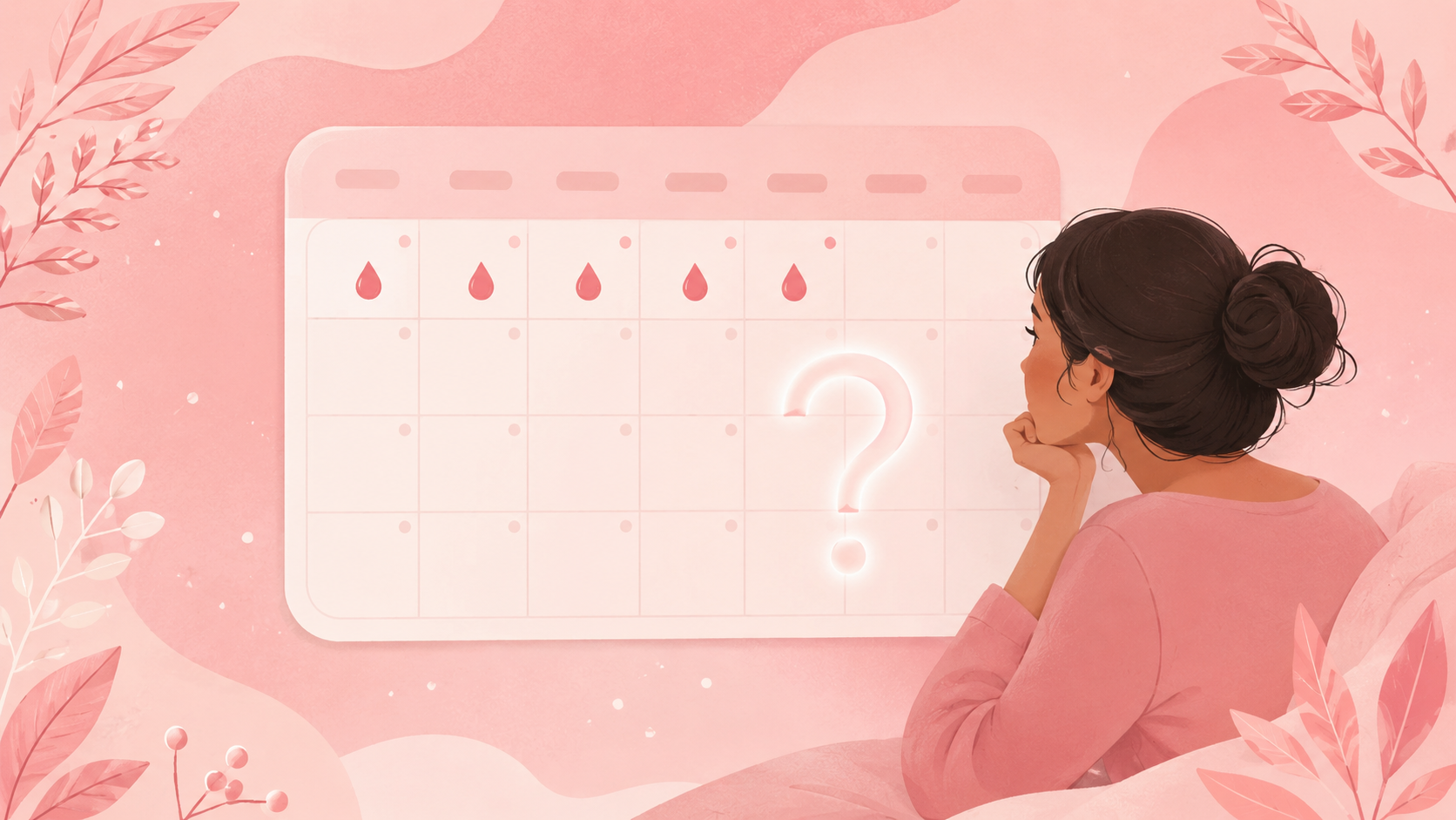 A soft flat-vector calendar with a few period days marked in rose and a question mark over the following days, on a warm rose background.
