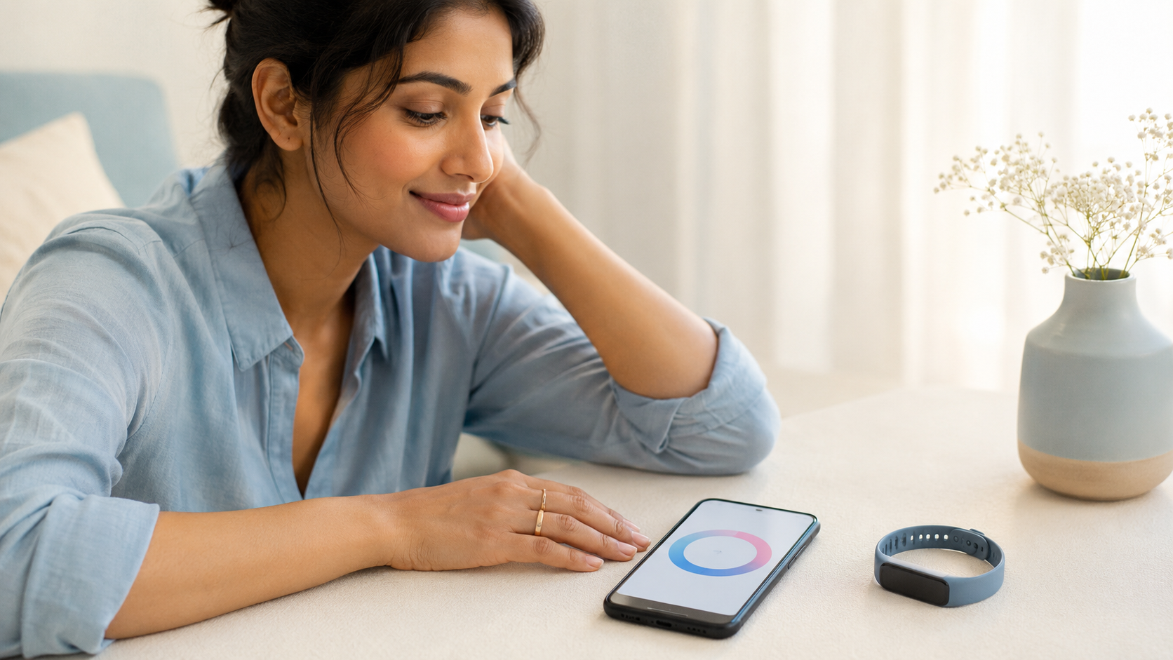 A woman wearing a smart ring resting her hand beside her phone, which displays a soft cycle ring, with a wearable band nearby, on a powder blue background