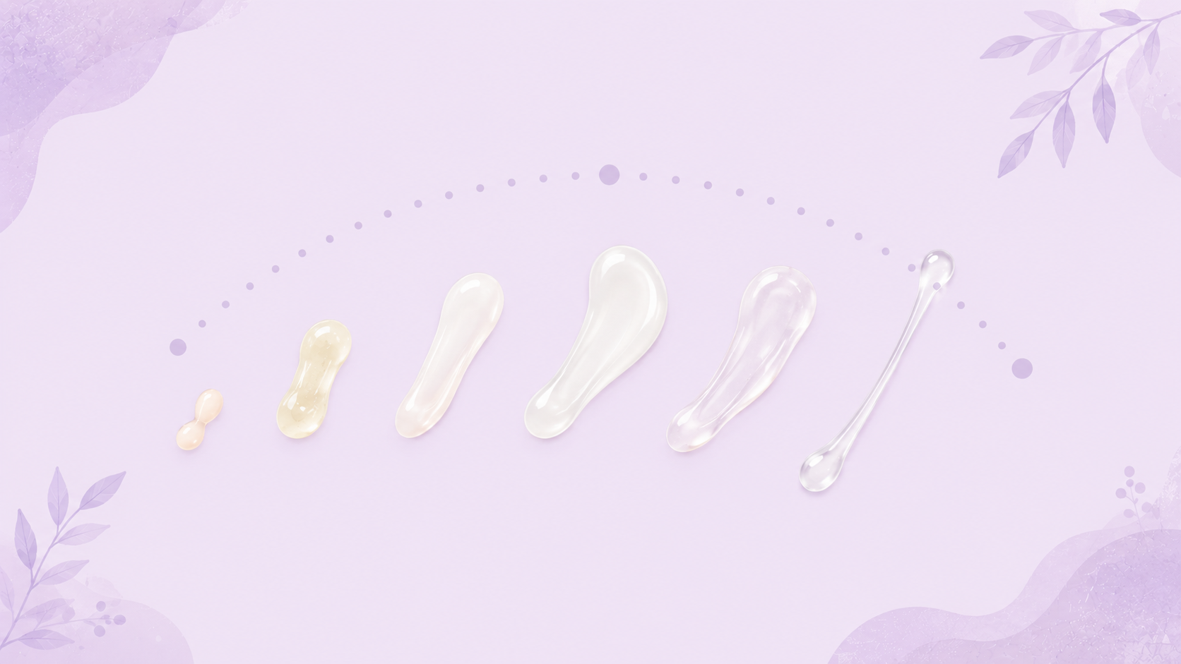 A graceful row of soft translucent strands progressing from creamy to a long clear stretchy egg-white thread along a faint cycle arc, on a lavender background.