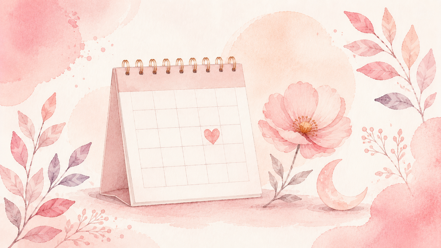 A watercolor illustration of a calendar page with a small heart marking one date, painted in soft pastel tones.