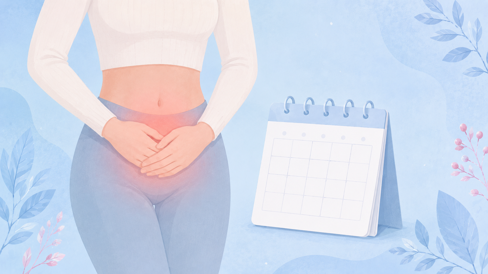 A soft flat-vector illustration of a lower torso silhouette with a gentle radiating ache mark and an empty calendar day, on a powder blue background.