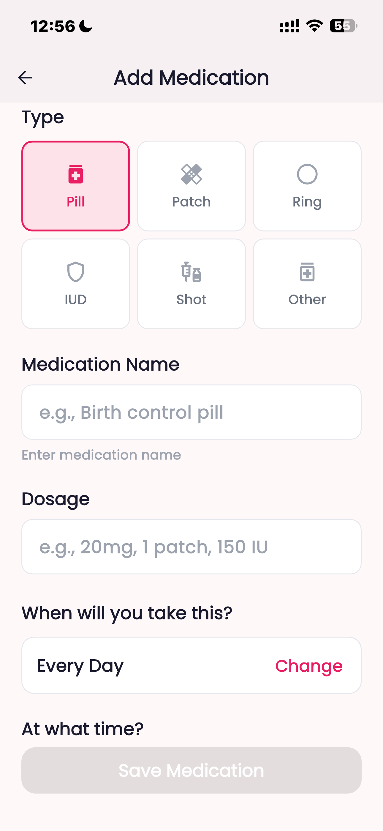 Femora Add Medication screen with medication type, name, and dosage fields