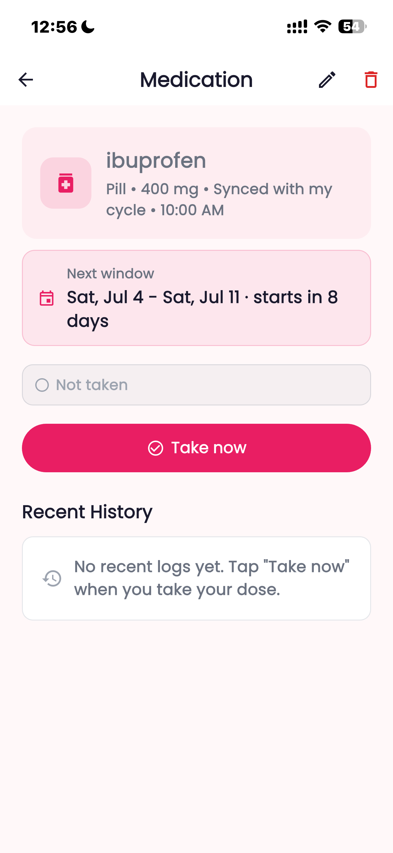 Femora medication detail screen showing a Next window banner reading 'Sat, Jul 4 - Sat, Jul 11, starts in 8 days'