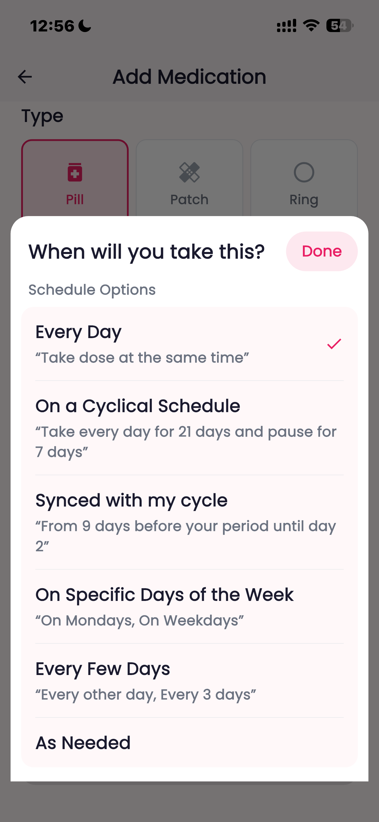 Femora schedule options showing 'Synced with my cycle - From 9 days before your period until day 2'