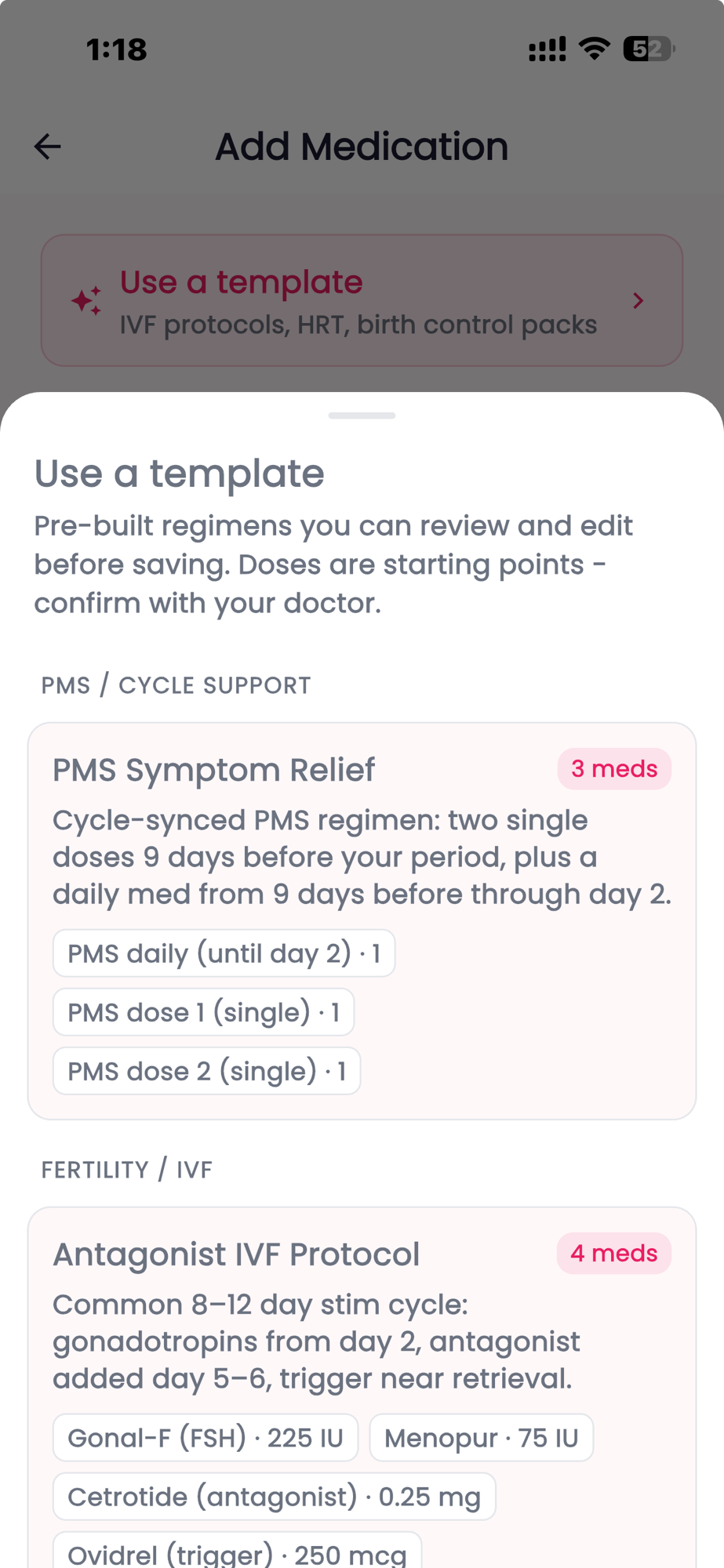 Femora template picker showing a PMS Symptom Relief regimen and an Antagonist IVF Protocol, each with multiple medications