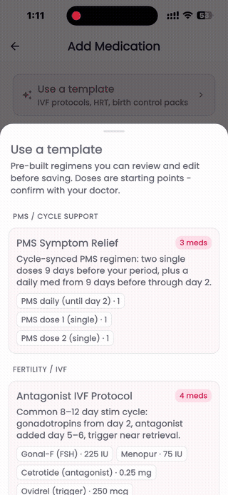 Animated walkthrough of adding a cycle-synced medication from a template in Femora