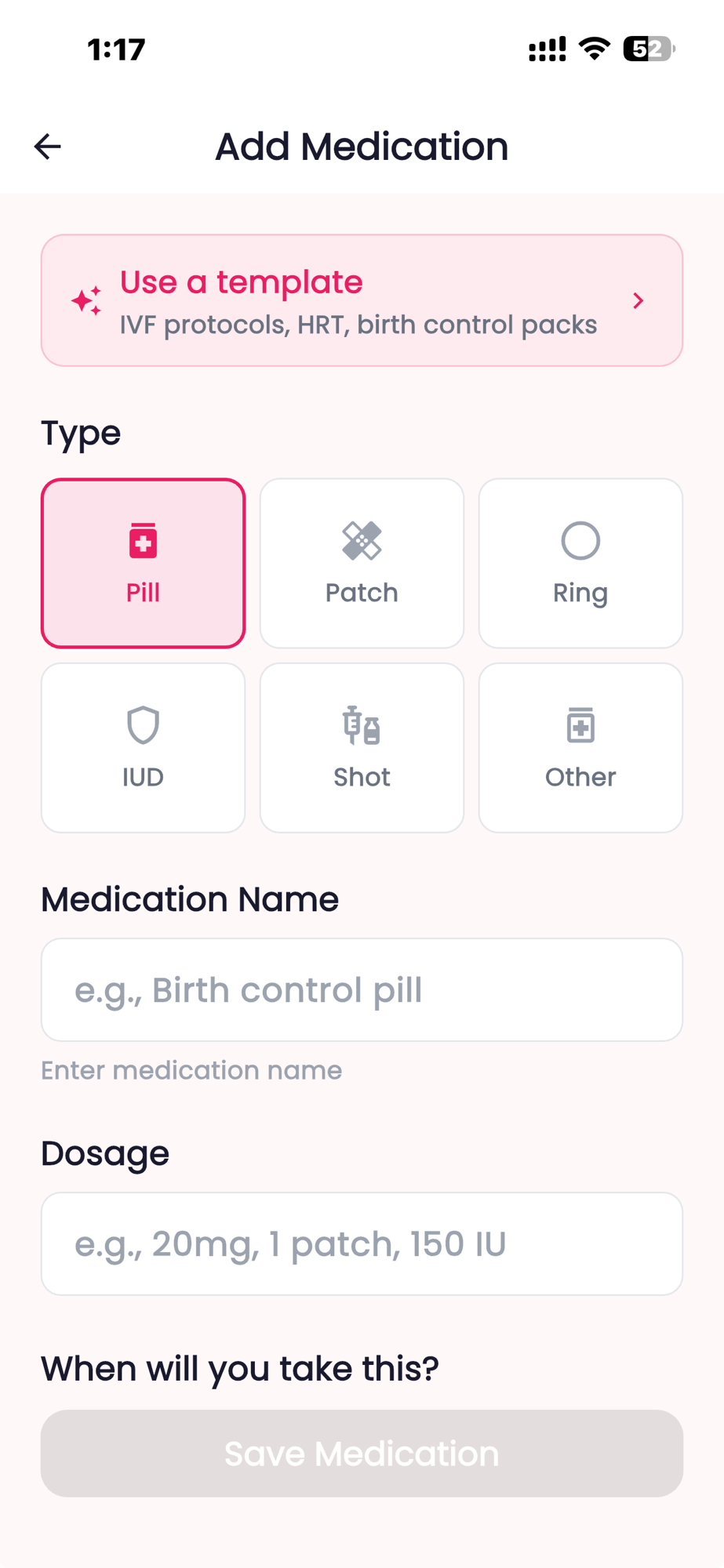 Femora Add Medication screen with a 'Use a template' banner for IVF protocols, HRT, and birth control packs