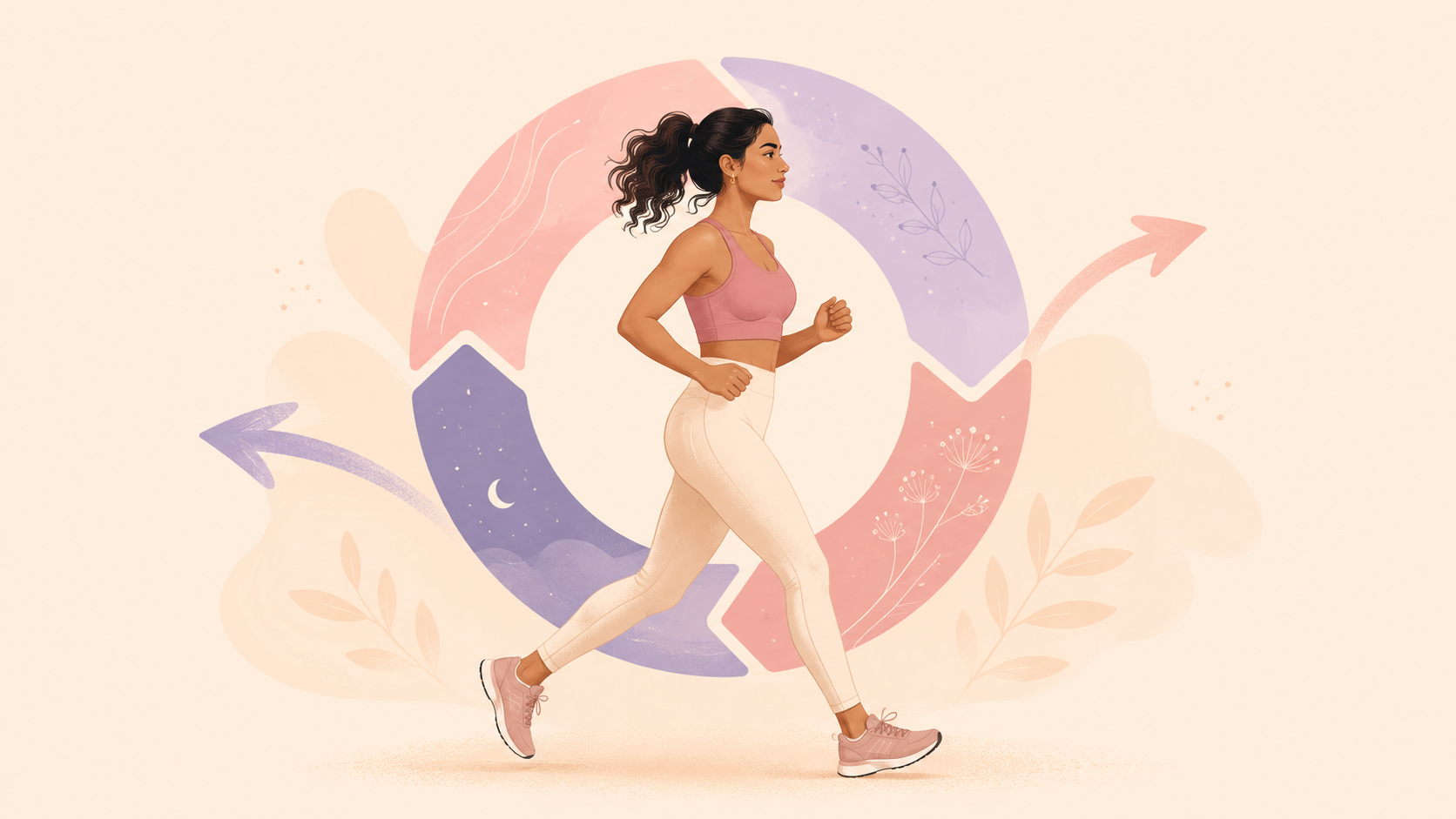 A woman mid-stride in workout clothes with a soft four-segment cycle ring orbiting her, gentle pastel arrows suggesting cycle phases, evoking the calm evidence-vs-hype tension at the heart of the article