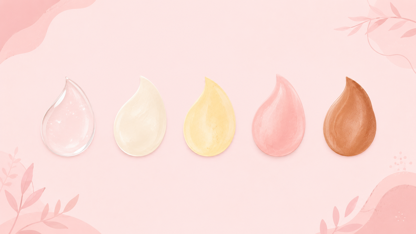 A soft row of graduated droplet shapes in clear, cream, pale yellow, blush pink, and light brown tints on a warm rose background, representing natural discharge changes.