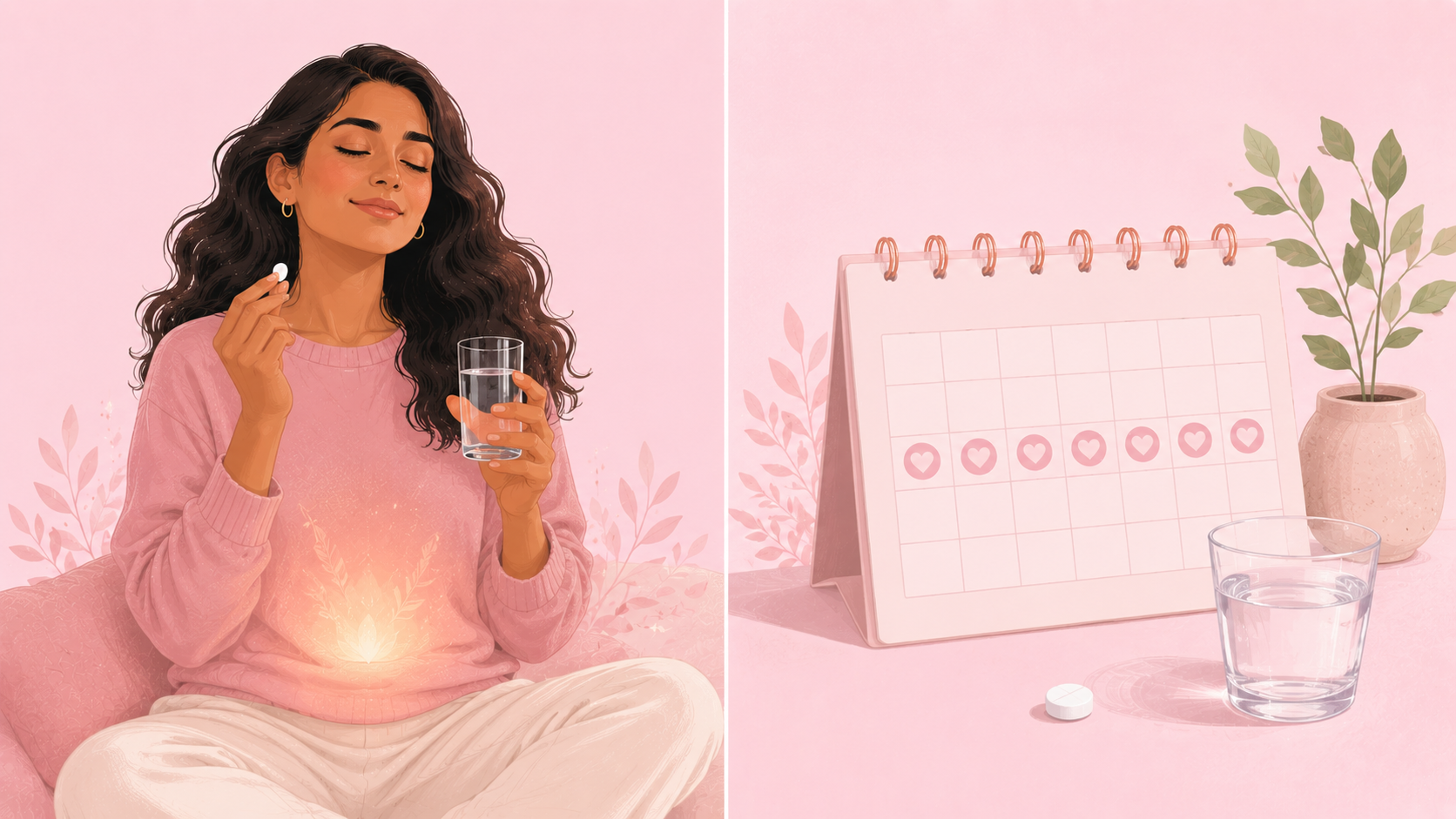A single white once-daily tablet beside a glass of water and a calendar, representing a new oral endometriosis treatment on the NHS.