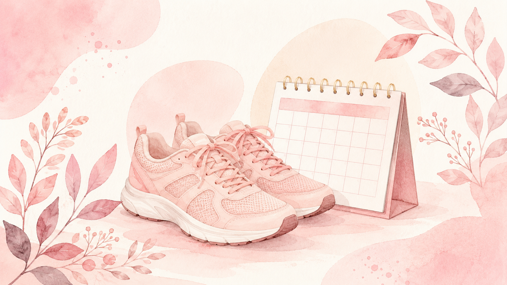 A soft watercolor illustration of a pair of running shoes beside a calendar page, painted in gentle pastel pink tones.