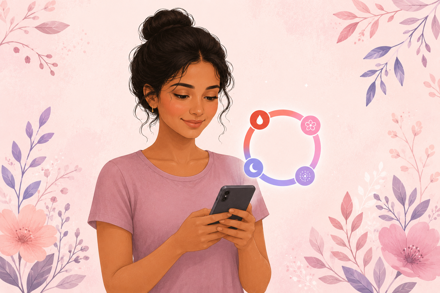 A young woman holding a smartphone, looking at a colorful cycle-ring graphic floating beside it, on a soft pink floral background