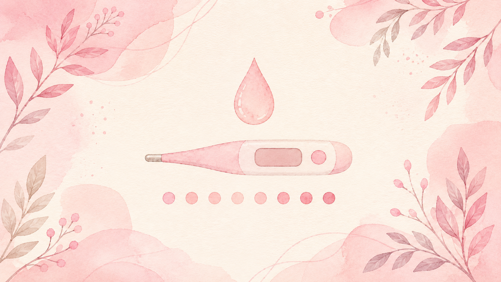 A soft watercolor illustration of a thermometer, a water droplet, and a row of calendar dots in pink and cream, with delicate botanical leaves in the corners