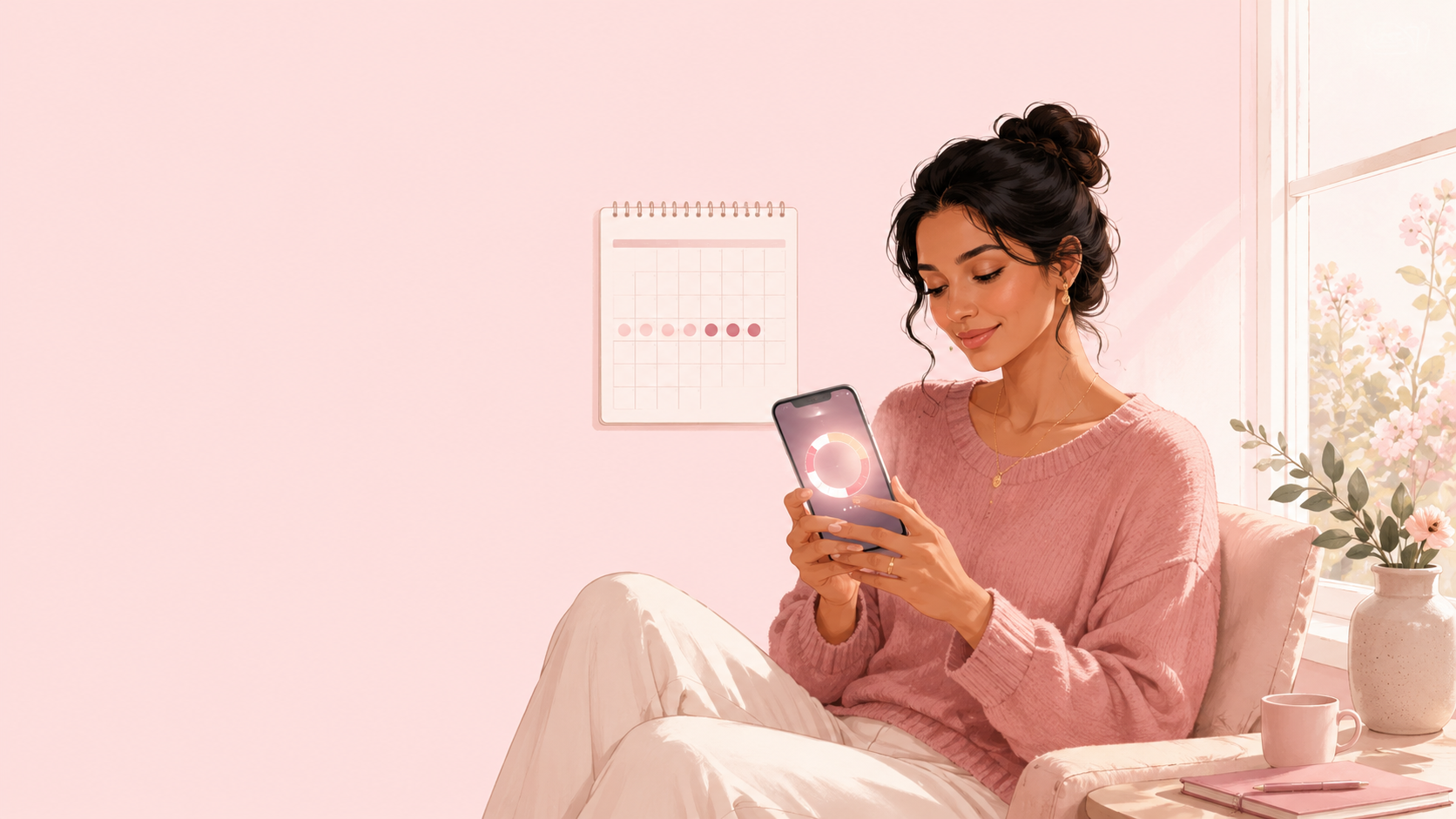 A calm woman in her early thirties sitting by a sunny window holding a phone showing a soft glowing cycle ring with a highlighted fertile window, a softly marked wall calendar nearby, on a warm rose background