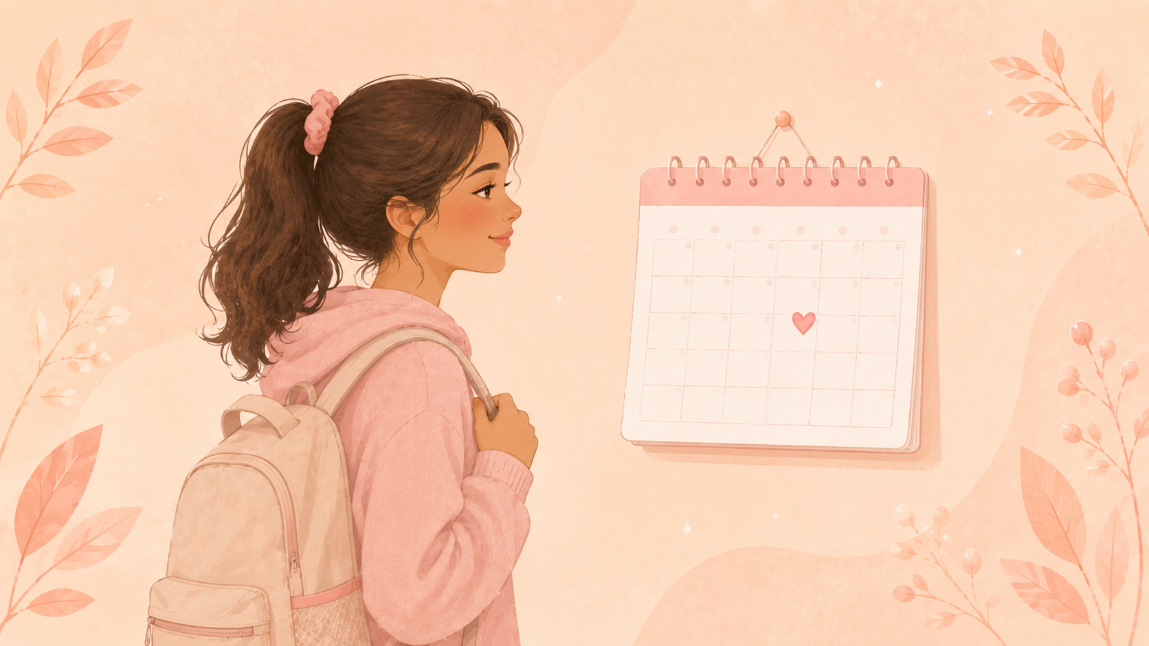 A soft flat-vector illustration of a teenage girl with a backpack looking at a small calendar with a rose heart marked on it, on a soft peach background.