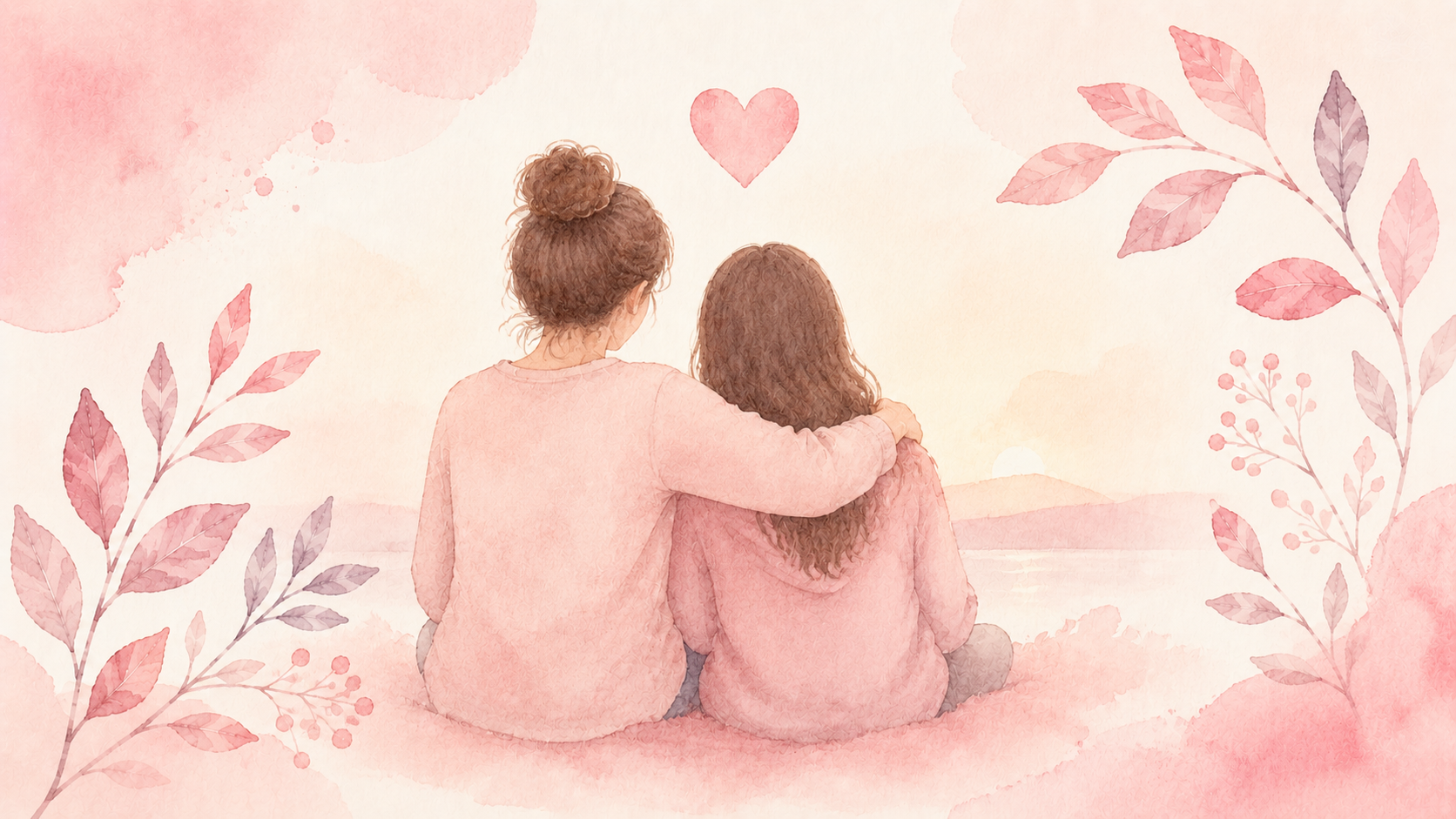 A watercolor illustration of a parent and teenage daughter sitting together in conversation, painted in warm pastel tones.
