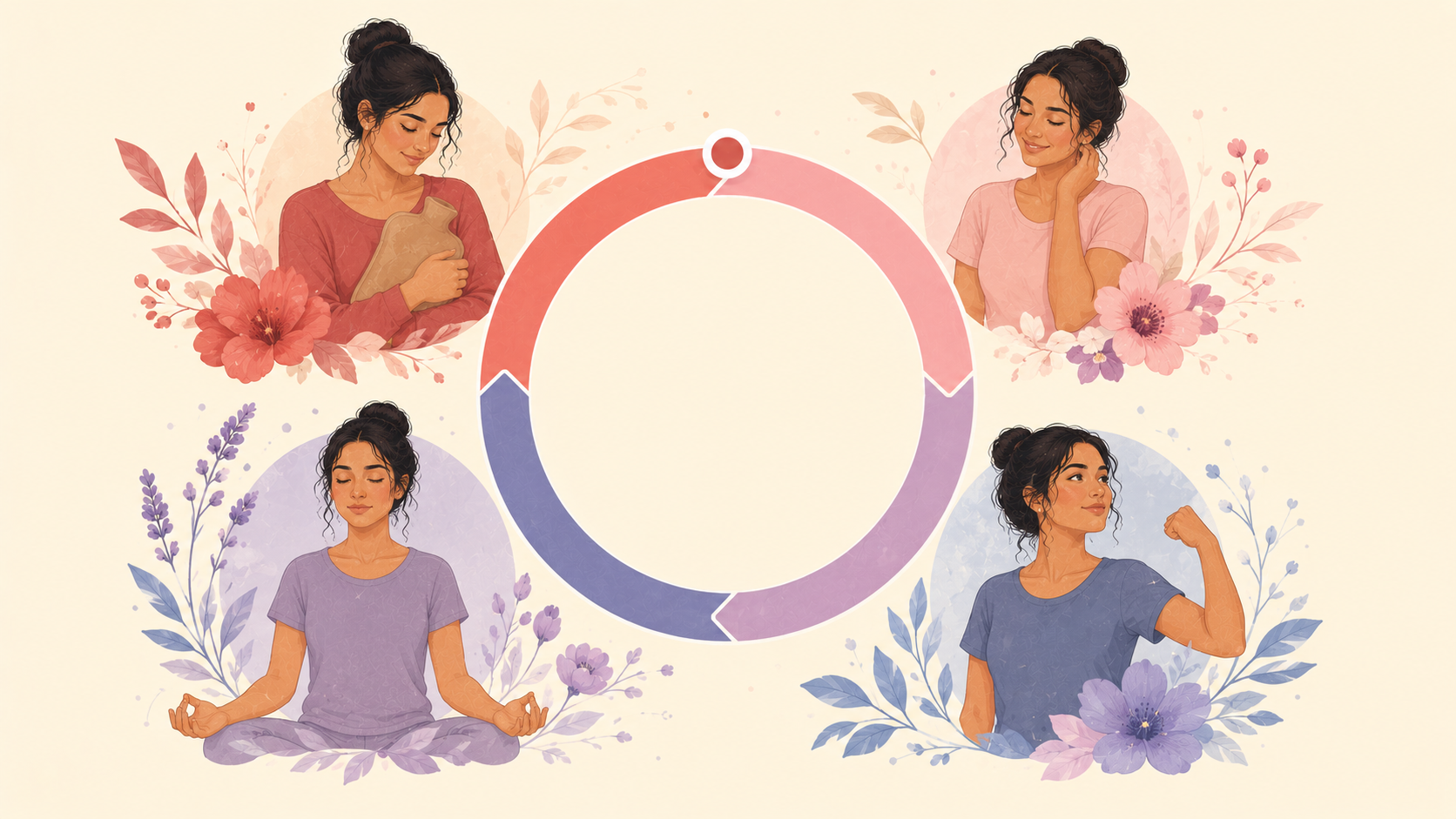 A central cycle-ring split into four colored phase arcs with four women in seasonal mood vignettes, on a soft cream background