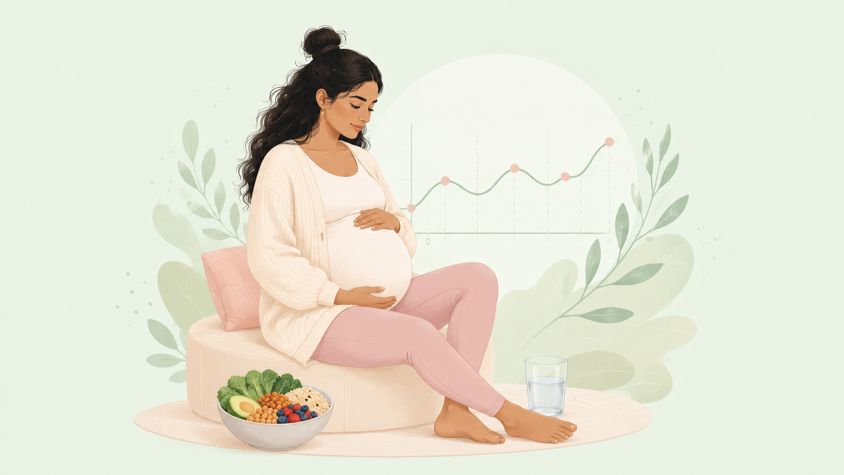 A pregnant woman seated calmly beside a small mixed-food bowl with a soft pastel line chart in the background, conveying nutrition-led screening and steady monitoring