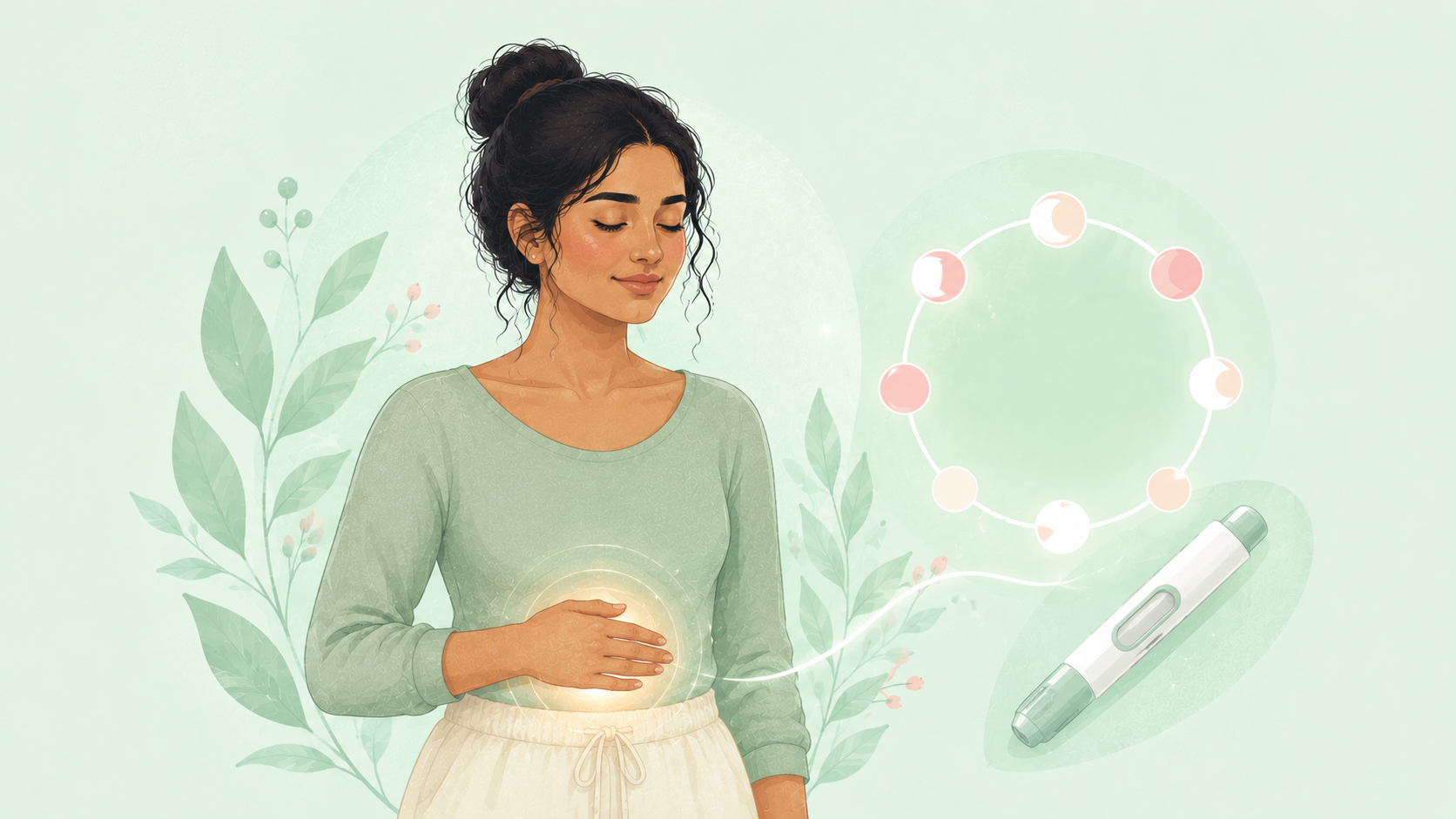 A calm woman with a hand on her abdomen beside a glowing cycle-ring and a soft injection-pen shape, on a mint background