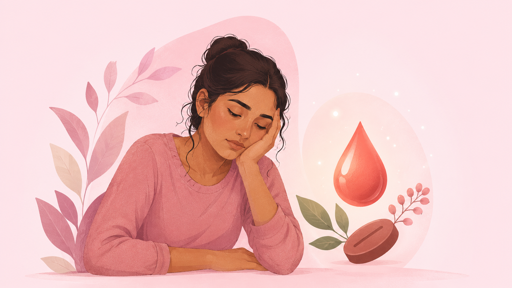 A tired young woman resting her head on her hand beside a soft blood-droplet and iron motif, on a pale pink background