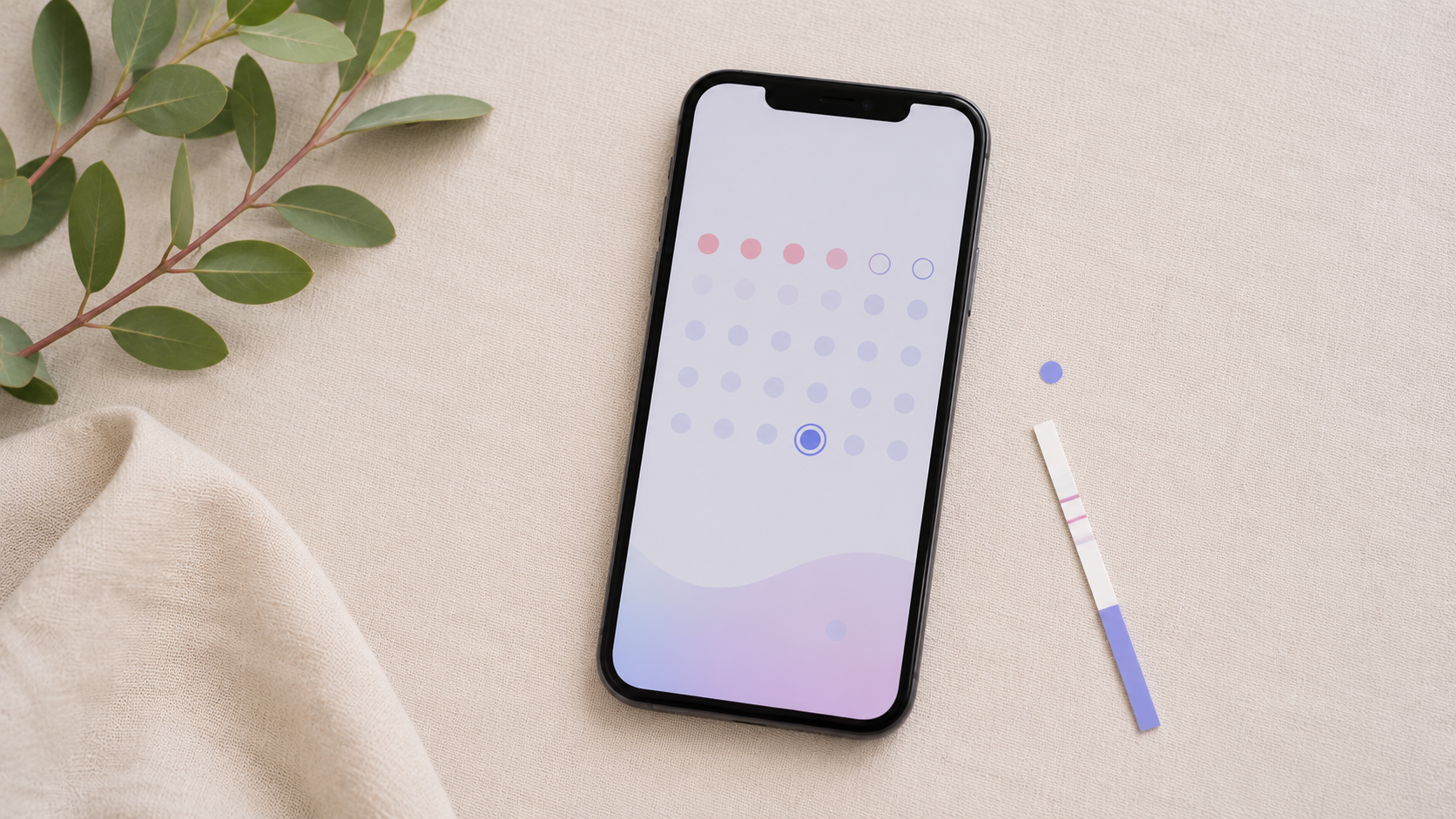 A phone showing a cycle calendar beside an ovulation test strip, illustrating timing a hormone test to the right cycle day