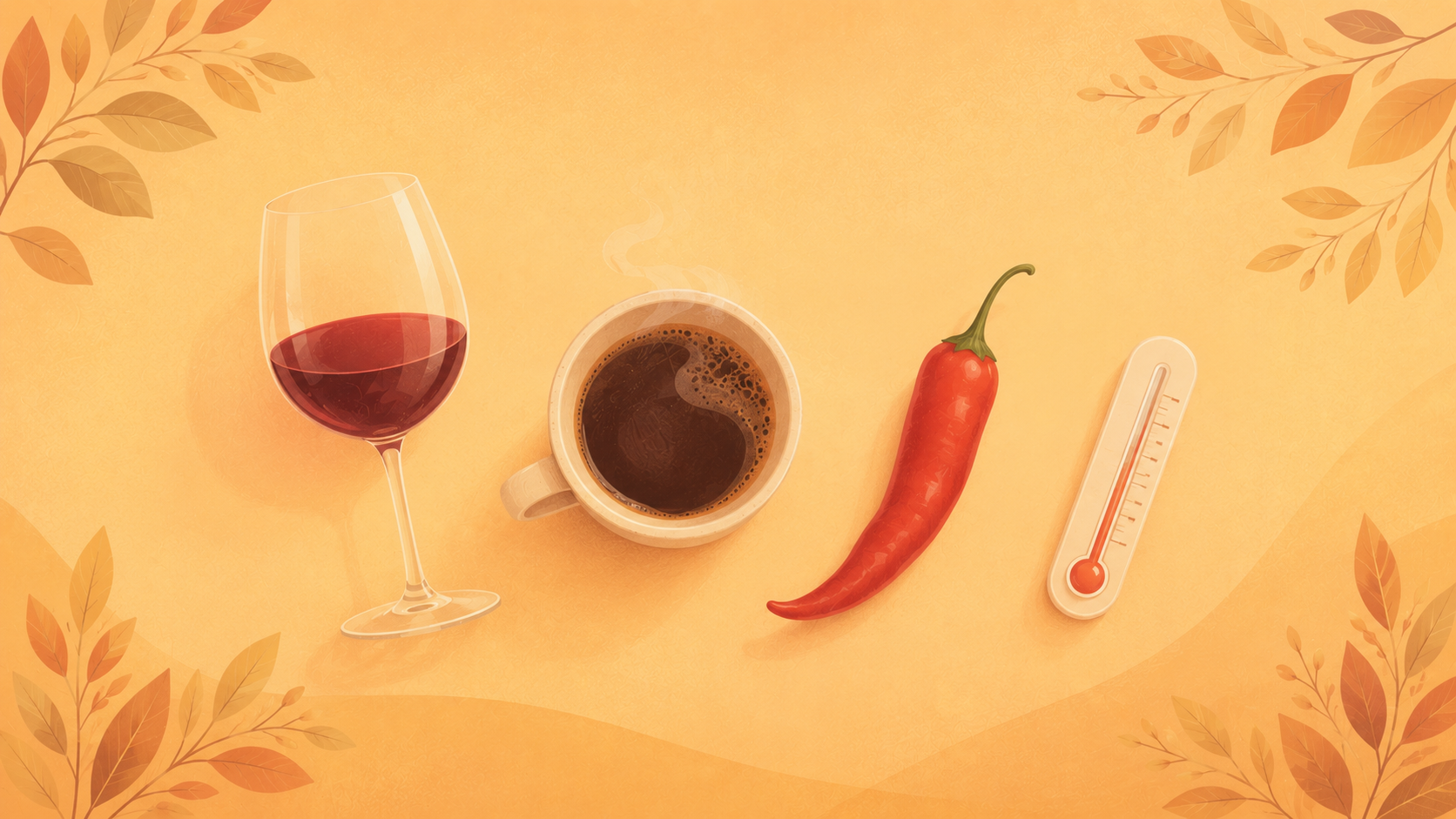 A soft flat-vector flat-lay on a warm amber background showing a wine glass, a coffee cup, a chili pepper, and a thermometer, representing common hot flash triggers.