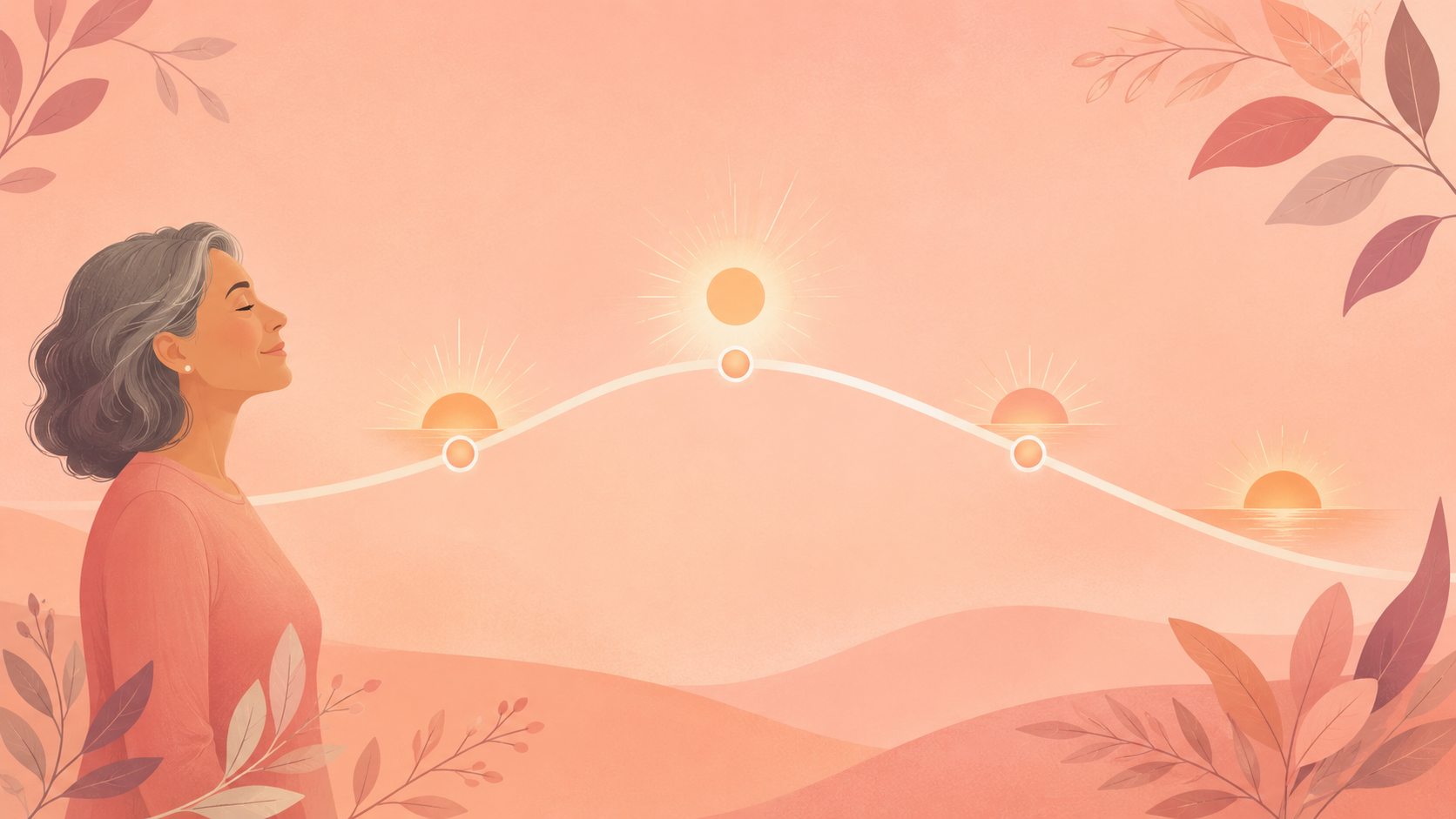 A soft flat-vector timeline arc on a warm coral background with a small sun icon rising and setting across the years to represent the span of hot flashes.