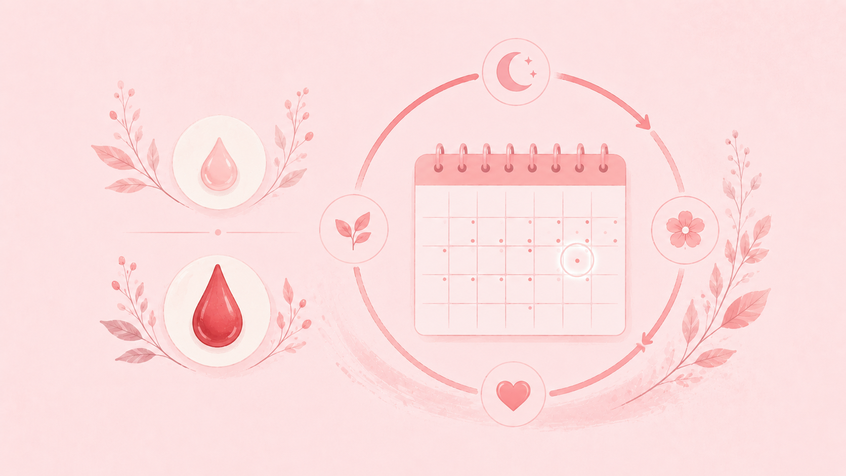 Two droplet motifs of different sizes beside a calendar and cycle-ring, contrasting light spotting with a period, on a warm pink background