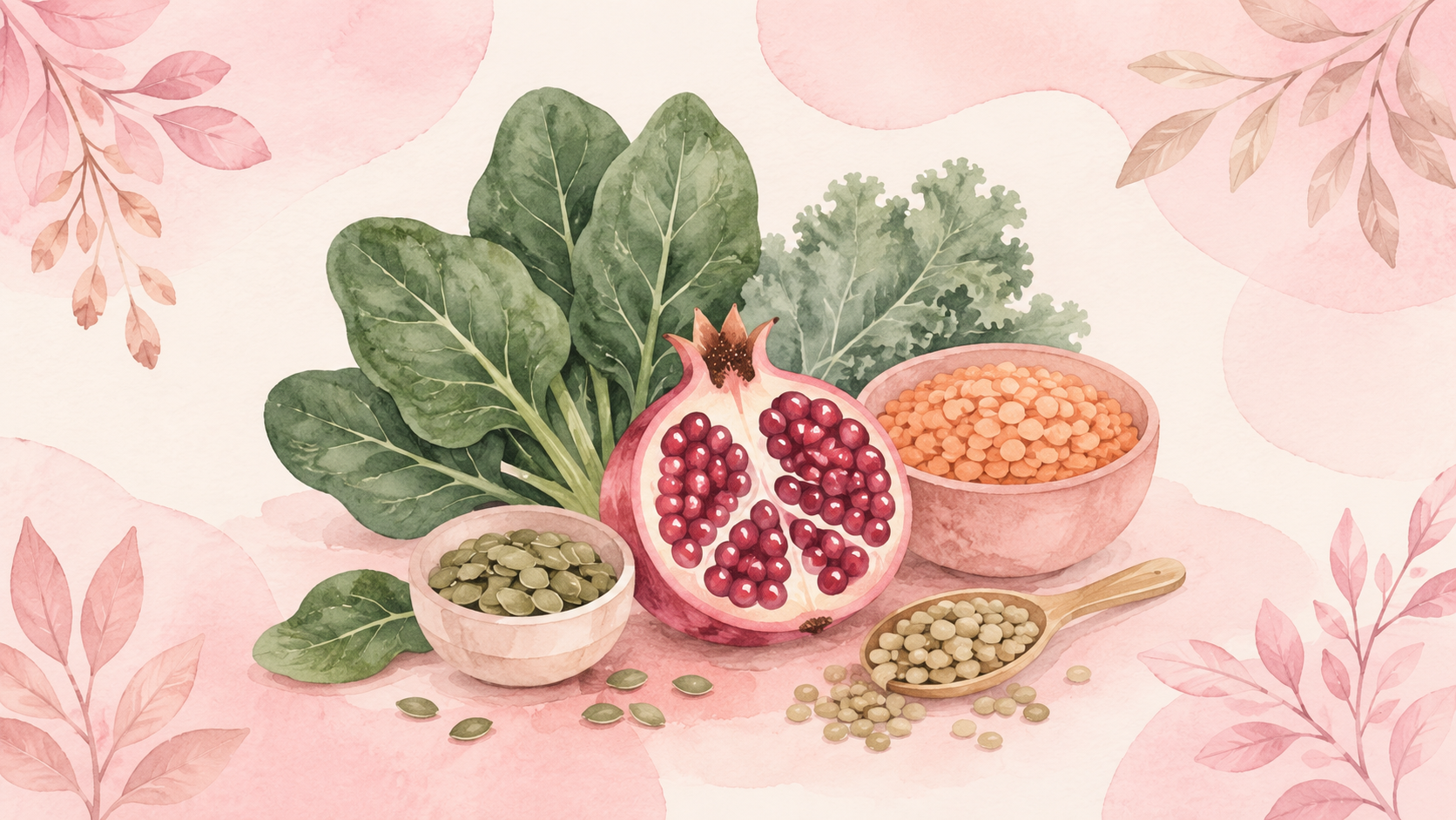 A soft watercolor illustration of leafy greens, a pomegranate, and iron-rich foods with delicate botanical leaves, in a pastel pink and cream palette