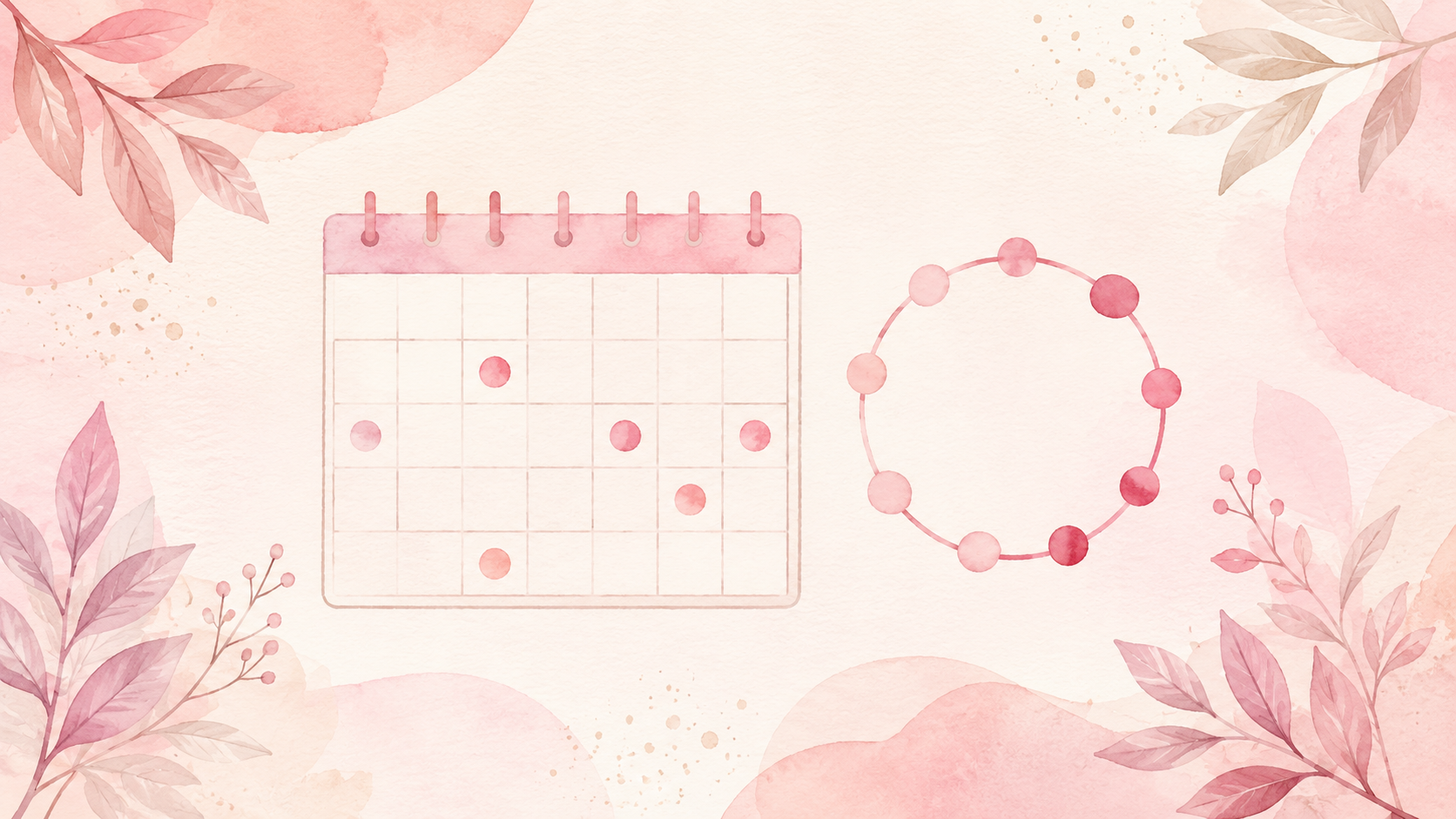 A soft watercolor illustration of a monthly calendar with unevenly spaced pink marks beside a cycle ring, with delicate botanical leaves in the corners on a pale pink and cream background