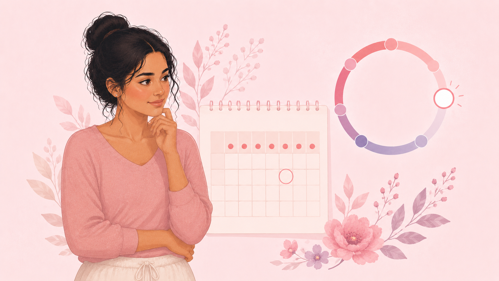 A thoughtful woman looking at a soft calendar and cycle-ring with a highlighted empty day, on a pale pink background