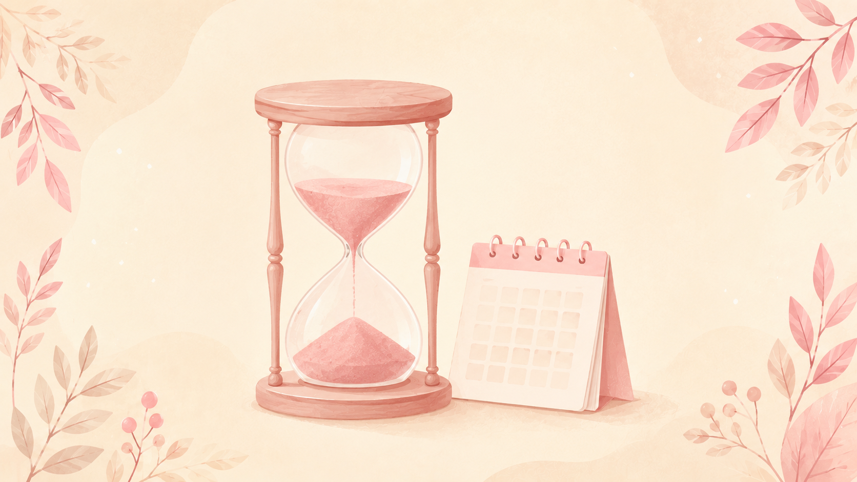 A soft flat-vector hourglass with rose-pink sand beside a small calendar page, on a soft cream background.