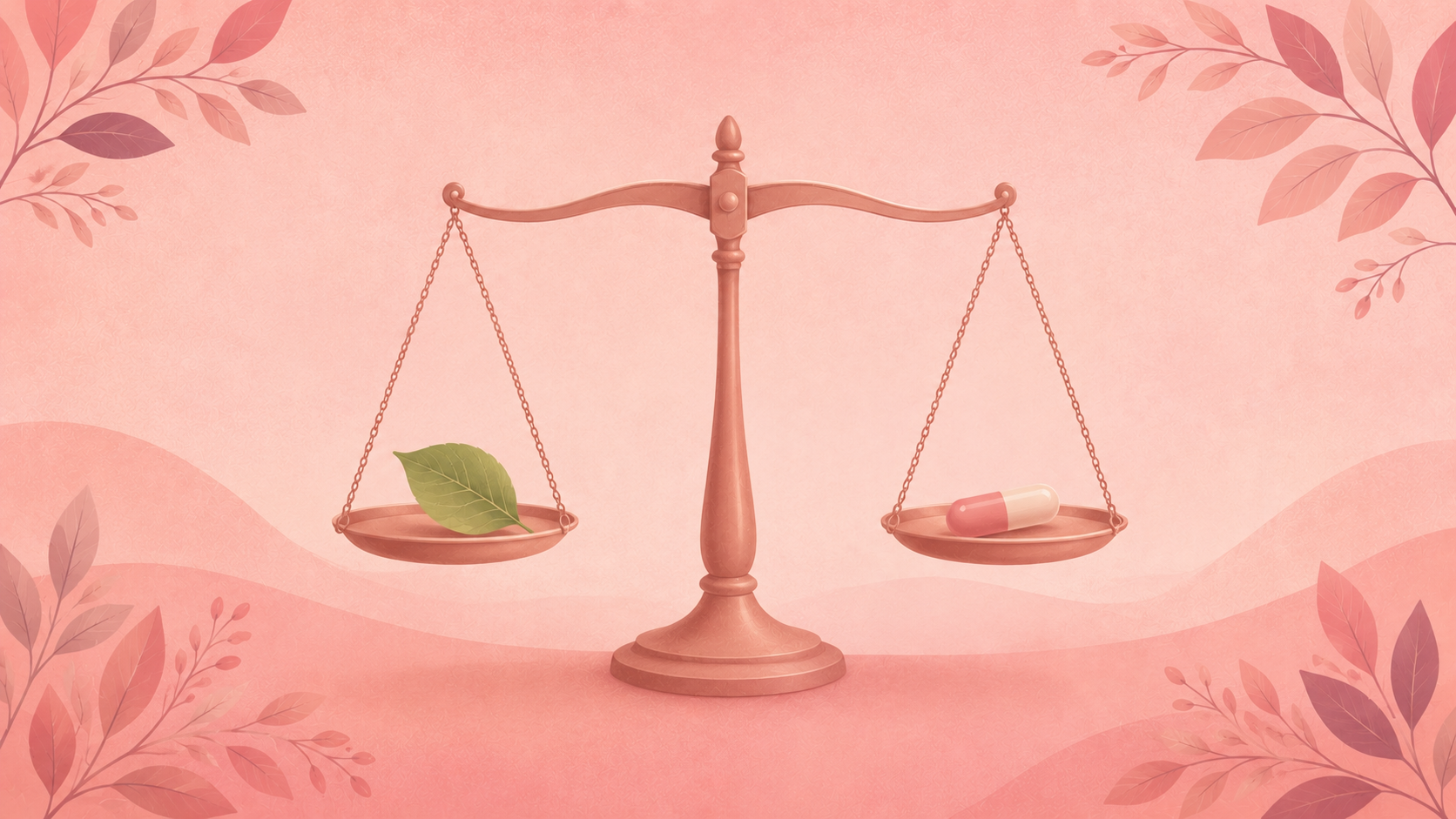 A soft flat-vector balance-scale illustration on a warm rose background weighing a small leaf against a pill, representing the benefits and risks of hormone therapy.