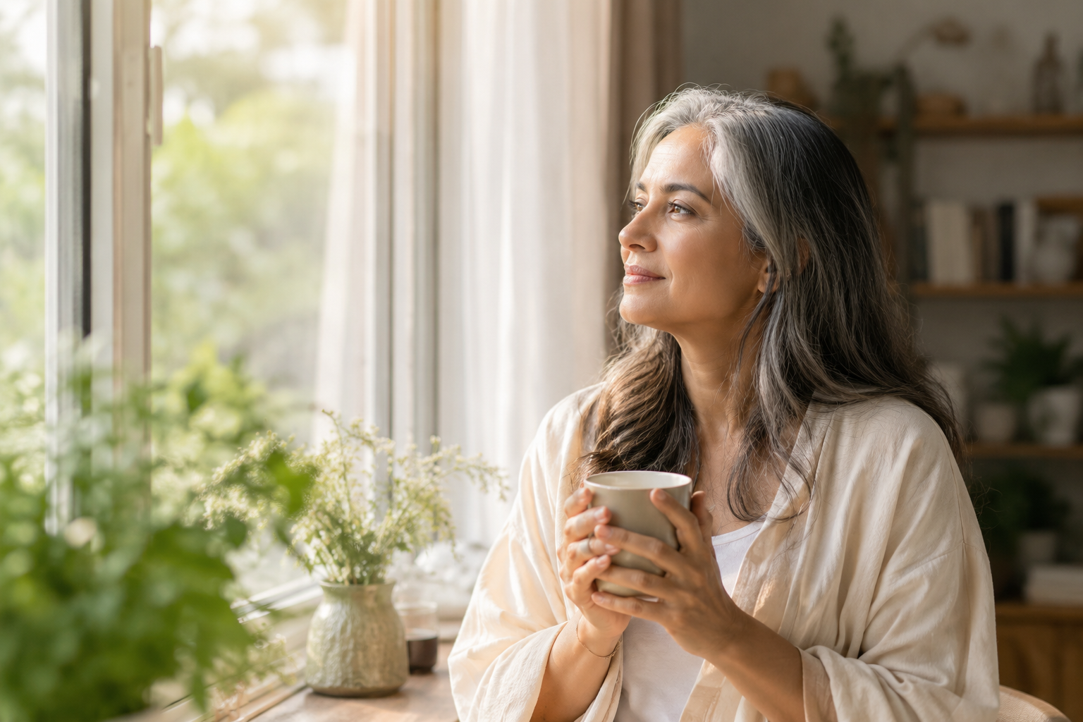 A serene middle-aged woman with silver-streaked hair holding a warm cup of tea by a sunlit window, in soft warm tones.