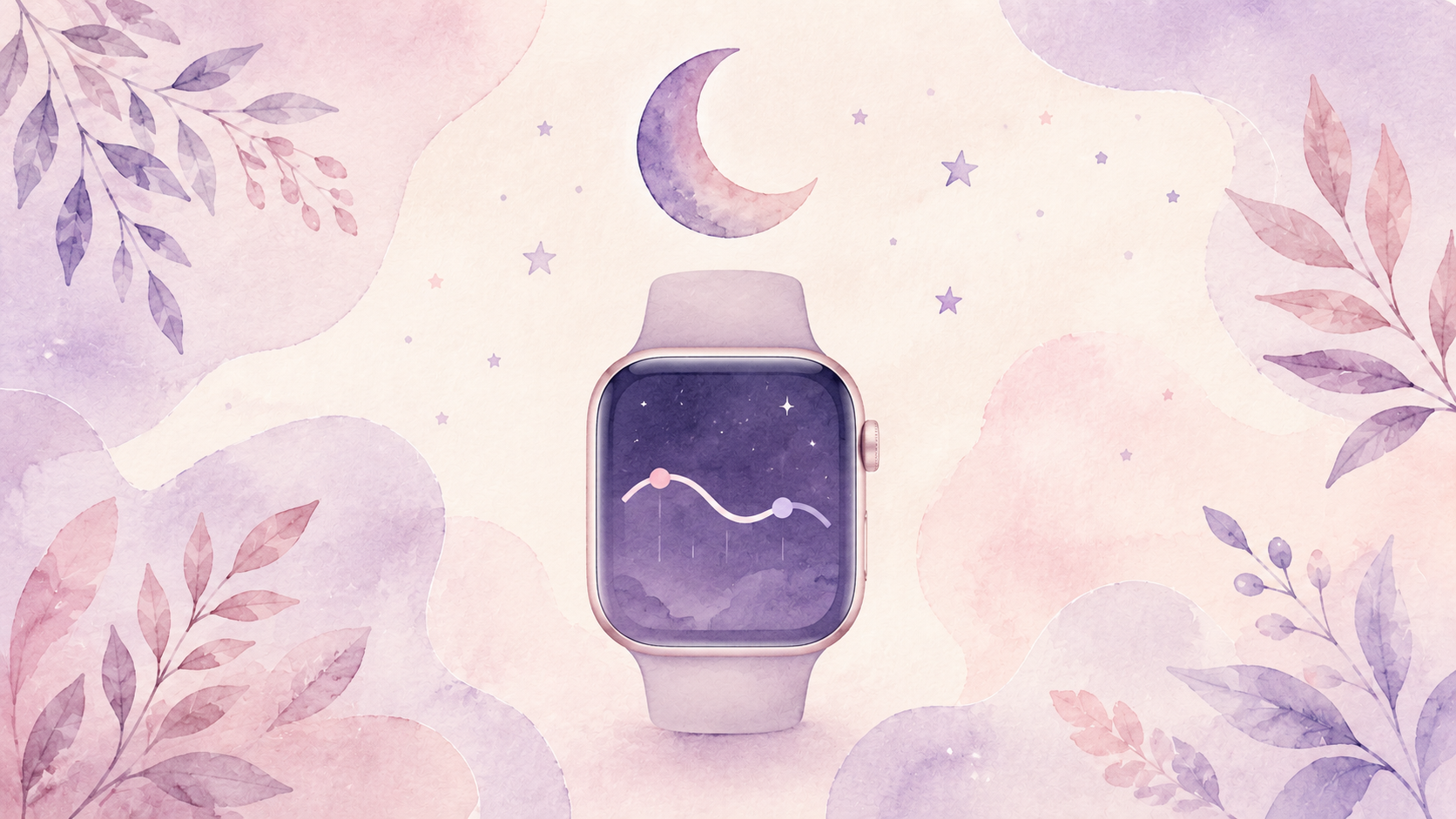 A soft watercolor illustration of a crescent moon above a simple smartwatch face showing a gentle sleep curve, with delicate botanical leaves in the corners, in a pastel lavender, pink, and cream palette