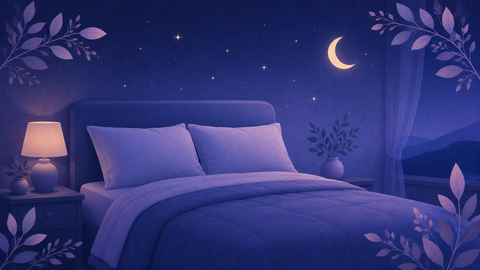 A soft flat-vector nighttime bedroom scene on a calm midnight-blue background with a moon, stars, and a peacefully made bed, representing better sleep in menopause.