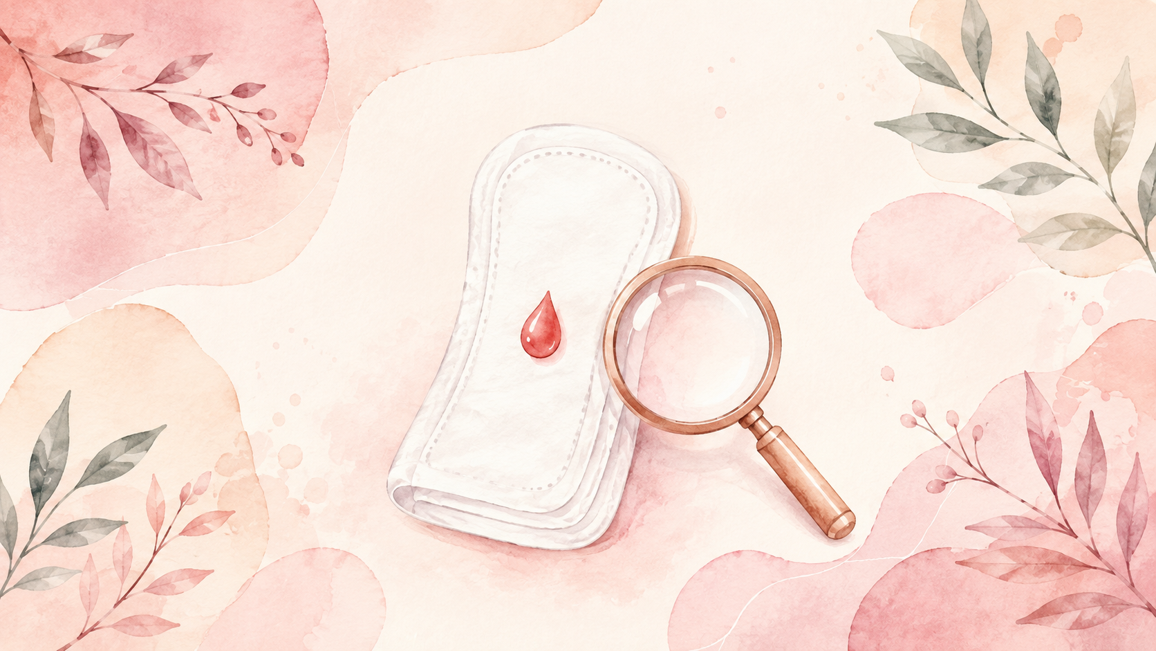 A soft watercolor illustration of a folded sanitary pad with a small red droplet and a magnifying glass beside it, surrounded by delicate botanical leaves in a pastel pink and cream palette
