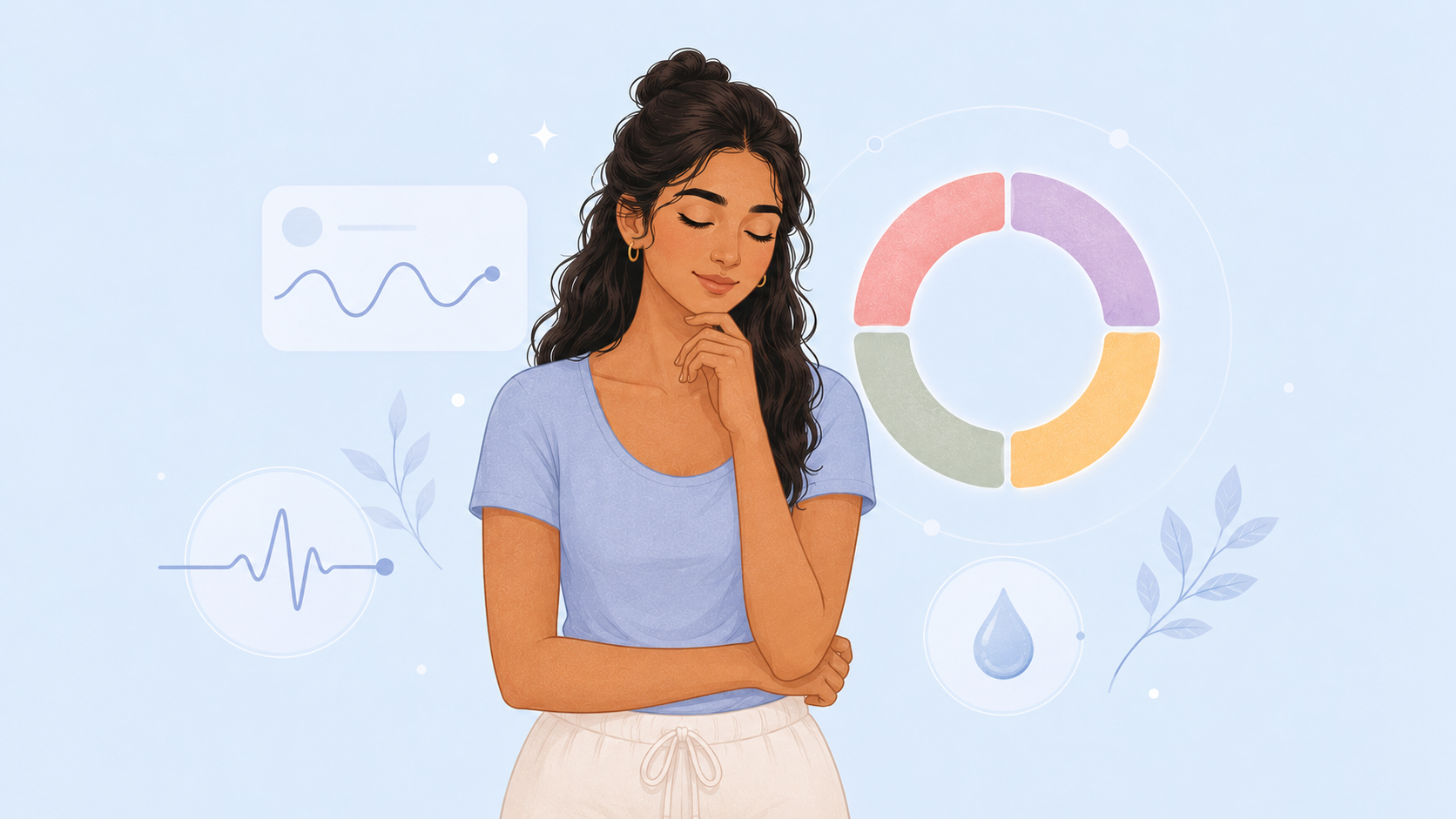 A serene young woman beside a soft four-segment cycle ring presented like a health metric, surrounded by gentle pastel pulse-wave and droplet motifs suggesting the cycle sits alongside other vital signs