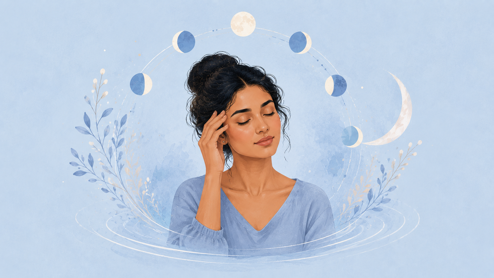 A woman with closed eyes touching her temple, soft ripples and a crescent-moon cycle motif around her, on a powder-blue background