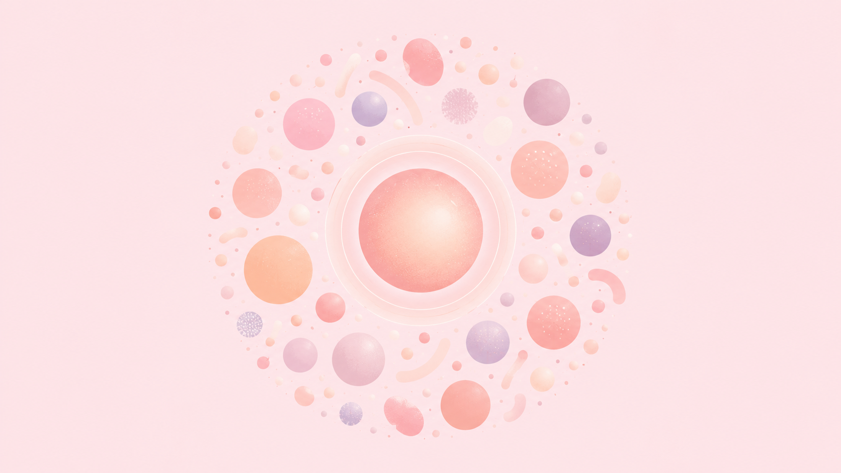 An abstract pastel cluster of small soft circles forming a balanced community around a larger glowing centerpiece, a visual metaphor for a healthy Lactobacillus-dominant vaginal microbiome