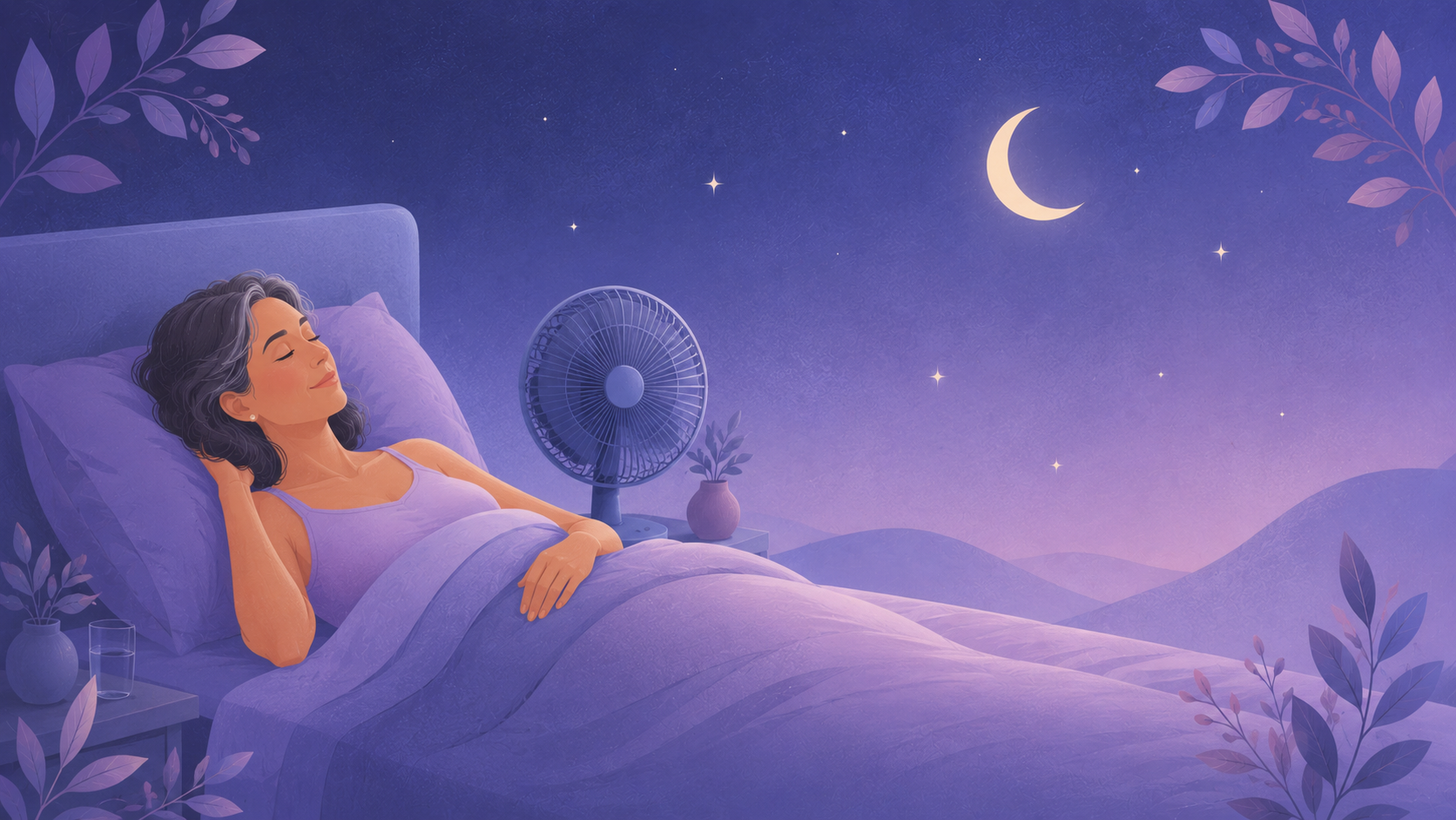 A soft flat-vector night scene on a deep indigo-to-lavender background with a crescent moon, a bed, and a small cooling fan, representing menopausal night sweats.