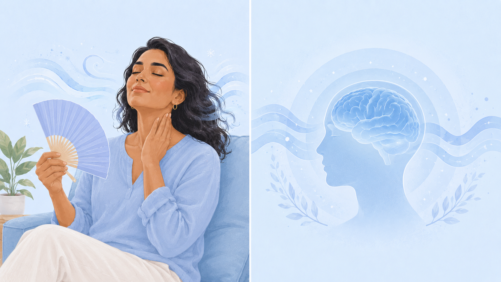 Illustration of a calm woman beside a thermometer and brain icon, representing non-hormonal treatments that target the brain's temperature center to ease menopausal hot flashes.