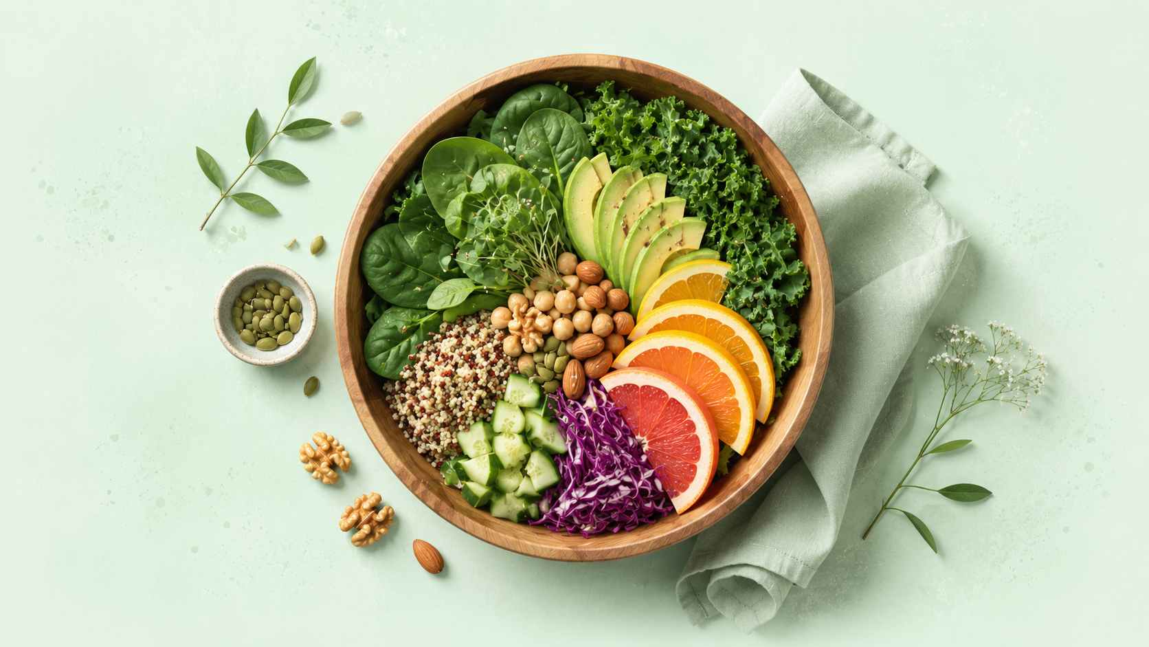 An overhead view of a wooden bowl filled with leafy greens, sliced citrus, chickpeas, nuts, and quinoa on a soft mint background