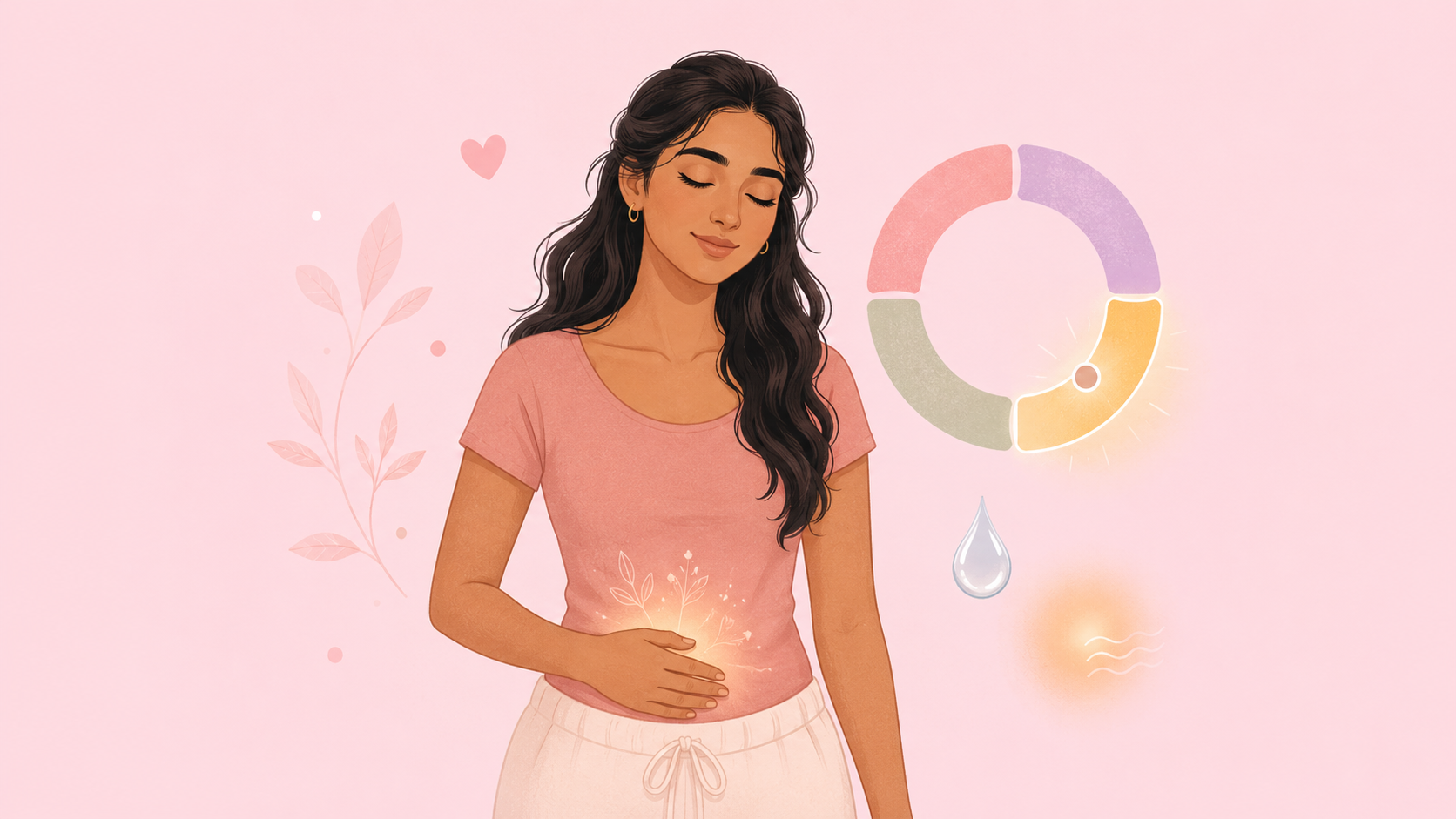 A calm young woman resting one hand on her lower abdomen, a soft four-segment cycle ring beside her with the ovulation segment glowing, and floating cues of a water droplet and a warmth glow suggesting cervical fluid and a temperature rise